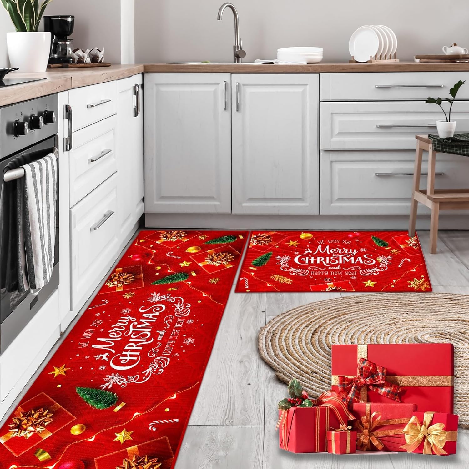 PORJDN Christmas Rug Set Christmas Indoor Floor Red Rug - Image 3