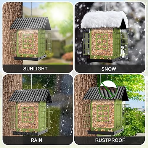 Miniatura 3 de Comederos para pájaros para colgar al aire libre, comedero de metal para pájaros con doble jaula de sebo para pasteles, gran capacidad, comederos