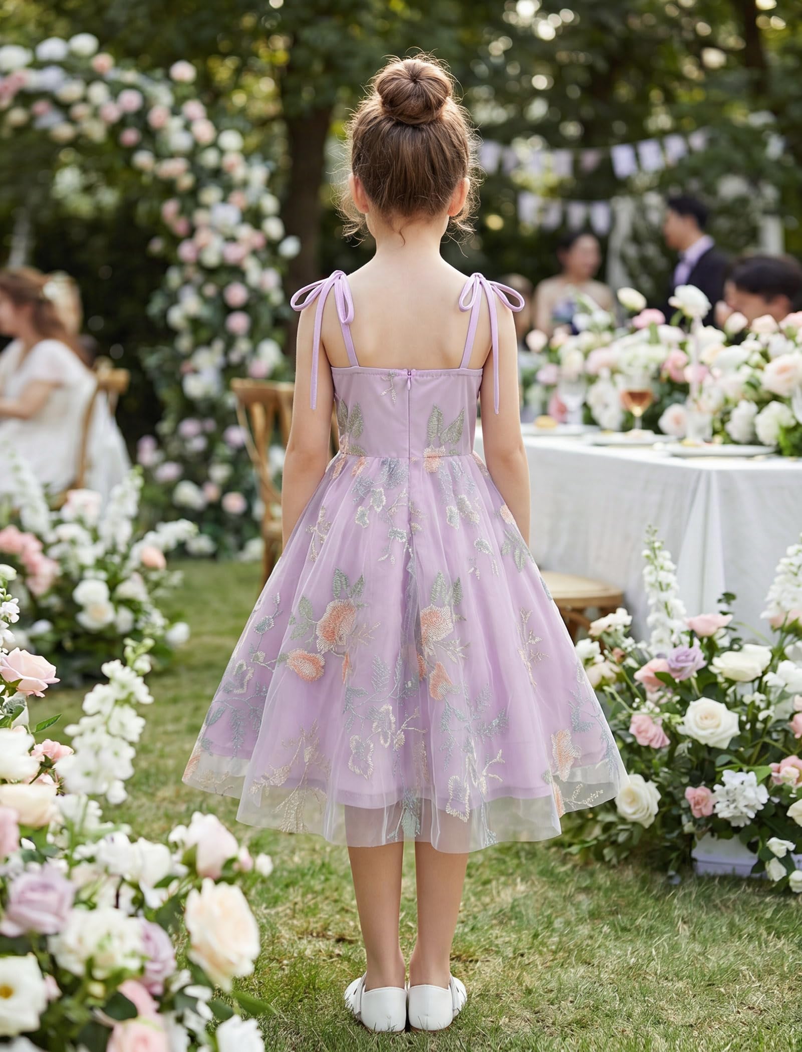 Abito da bambina in stile vintage con motivo floreale in tulle, spalline sottili, taglio svasato, elegante abito da festa