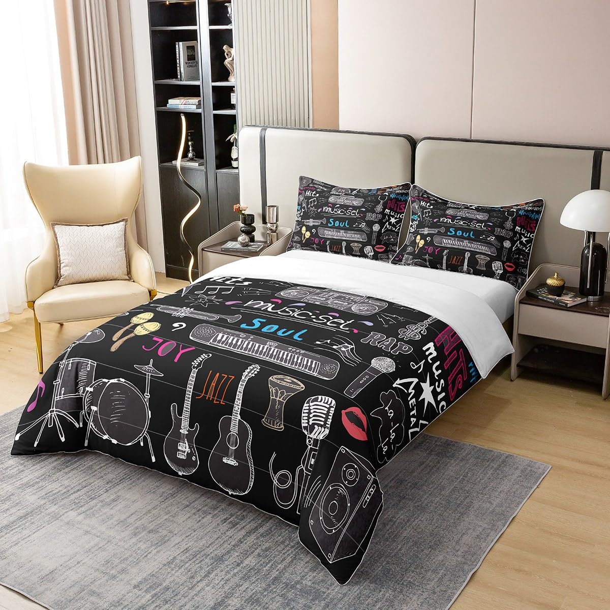 Loussiesd Rock Music - Biancheria da letto, 135 x 200 cm, 100% cotone, motivo Rap Blues Hip Hop, copripiumino per chitarra, tamburo e microfono, set da 2 pezzi