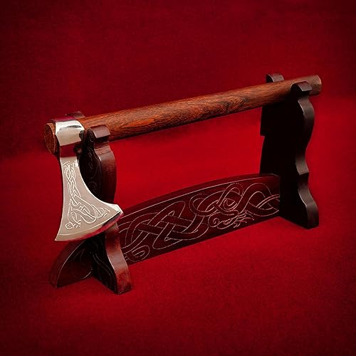 Miniatura 4 de Espada de un solo nivel hecha a mano de madera maciza auténtica, soporte para hacha con diseño de serpiente vikinga grabada, 17 x 8 pulgadas
