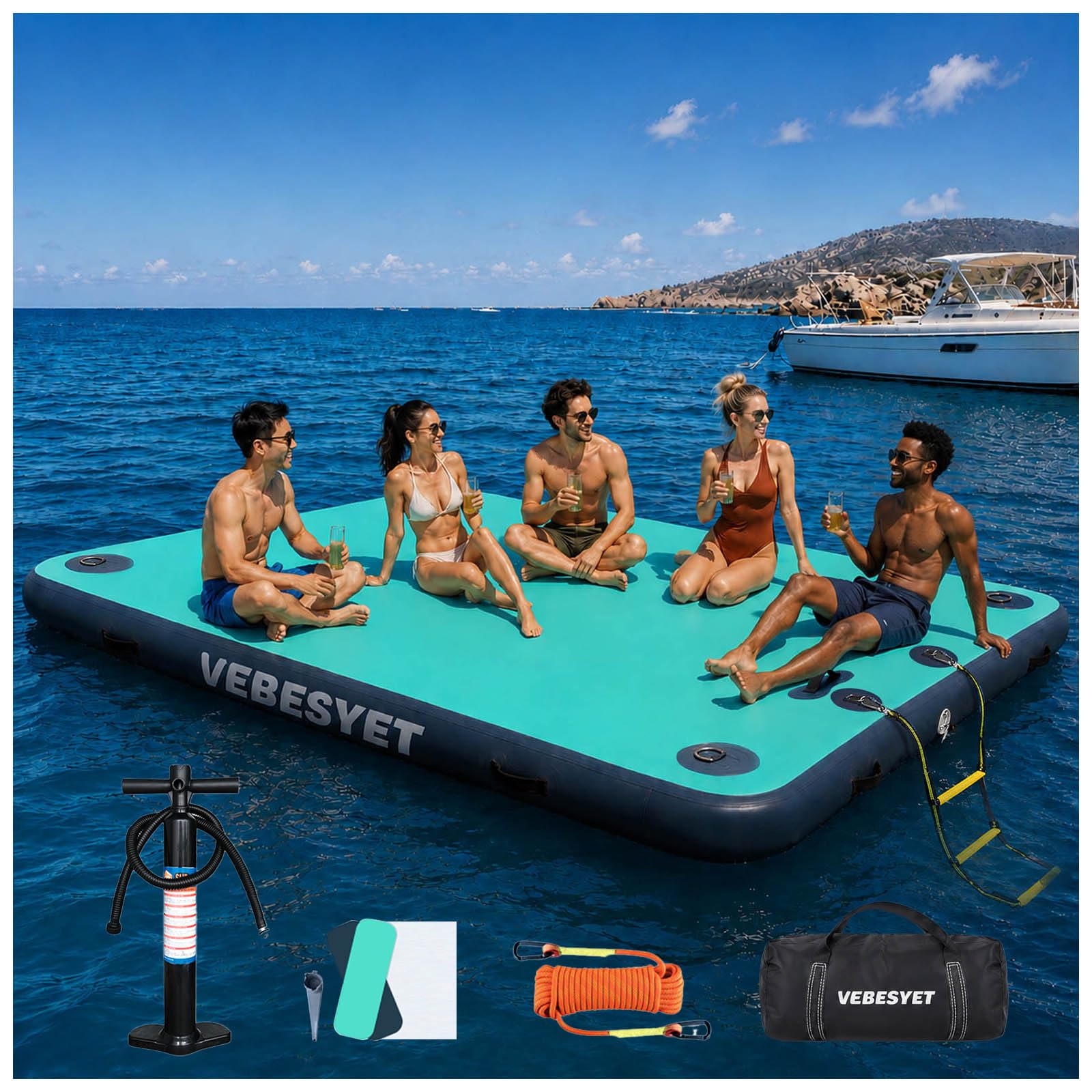 Inflatable Floating Dock with Soft Ladder, 6 inch Thick Non-Slip Inflatable Dock Floating Platform, Durable Drop-Stitch Inflatable Dock for Lake, Ocean, Swimming & Fishing