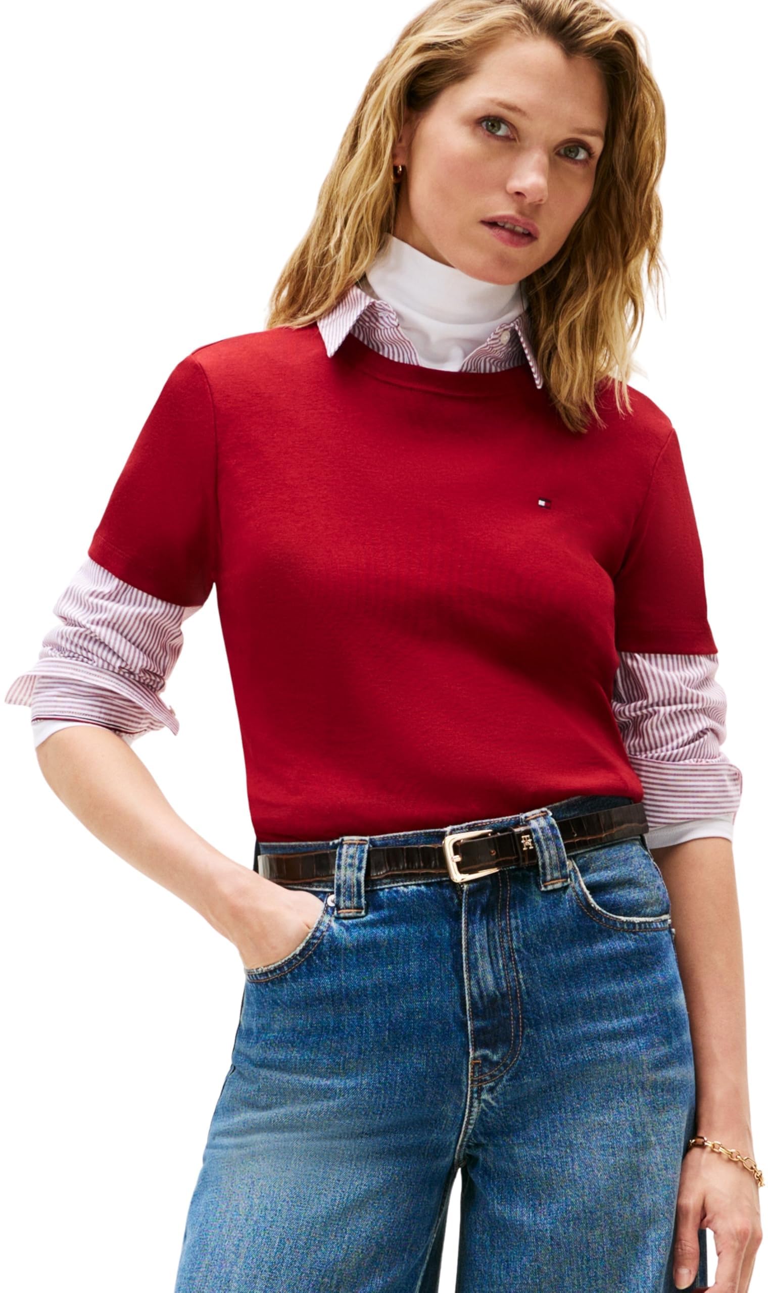 Tommy Hilfiger Damen T-Shirt Kurzarm Slim Cody Rundhalsausschnitt, Rot (Regatta Red), M