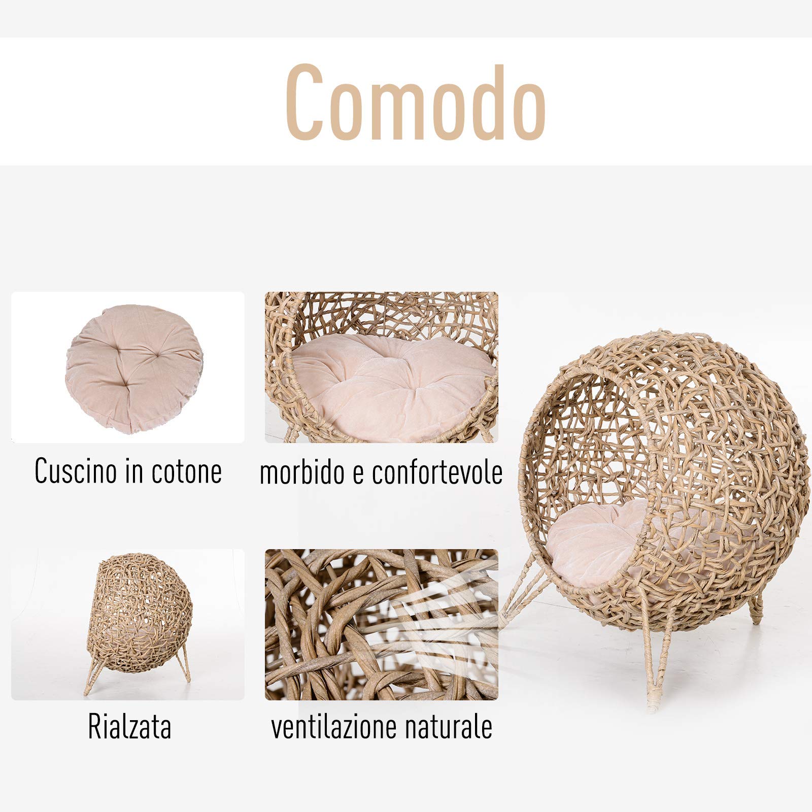 PawHut Cesta Rialzata per Gatti Fino a 10kg, Cuccia per Animali Domestici in Vimini Color Legno (Φ52x58cm)