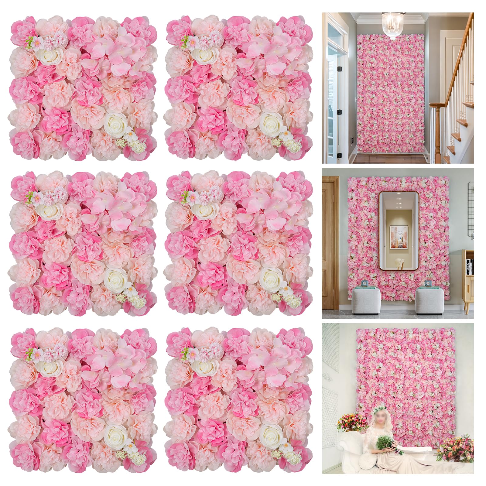 Flowers Wall Backdrop 6PCS 16.5x16.5 Inch Floral Wall Panel Artificial Silk Rose Decor Ideal for Wedding Celebrations, Festive Party Backdrops, and Elegant Home Decor