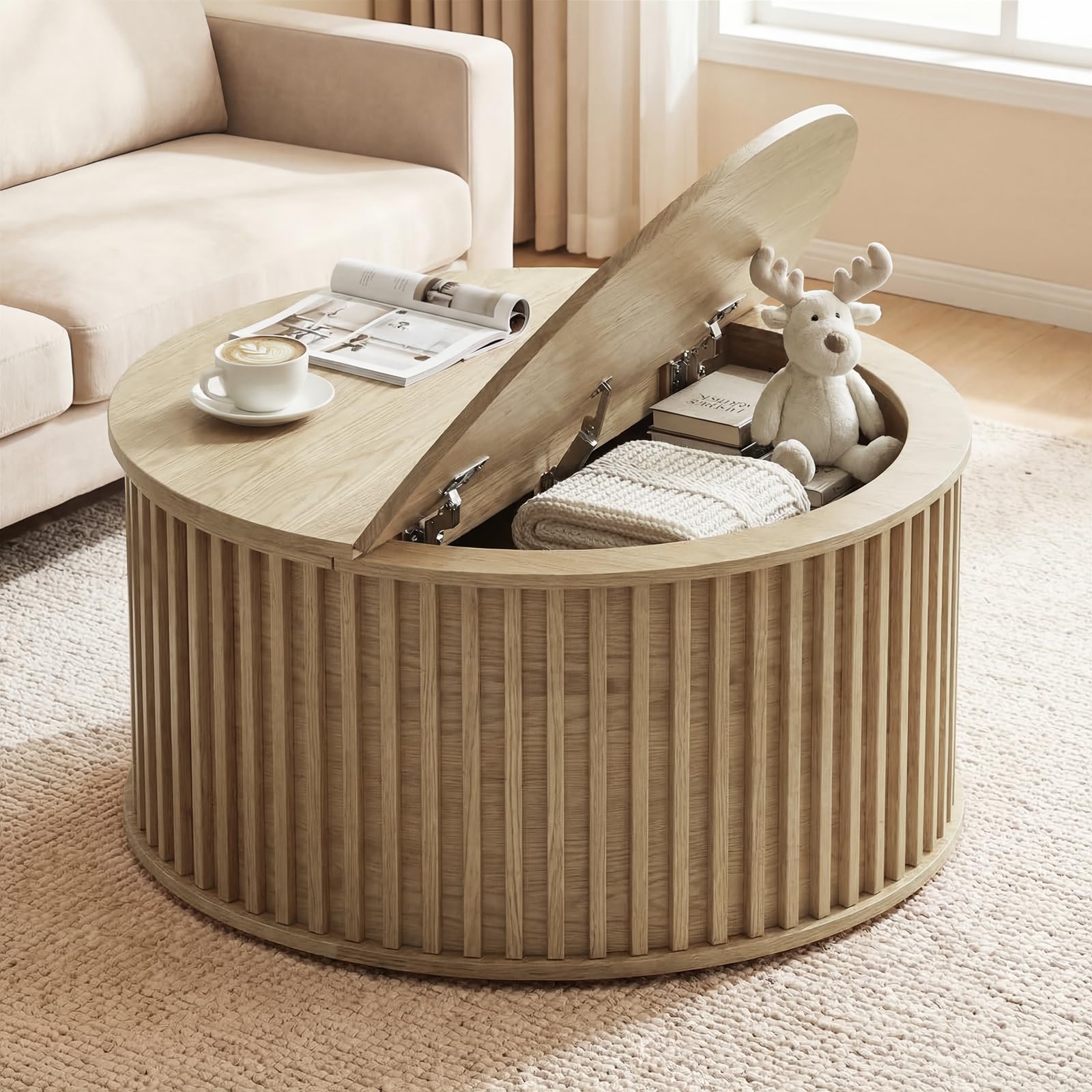 Round Coffee Table with Storage 35 43 Fluted Center Table for Living Room Mid Century Modern Table Natural