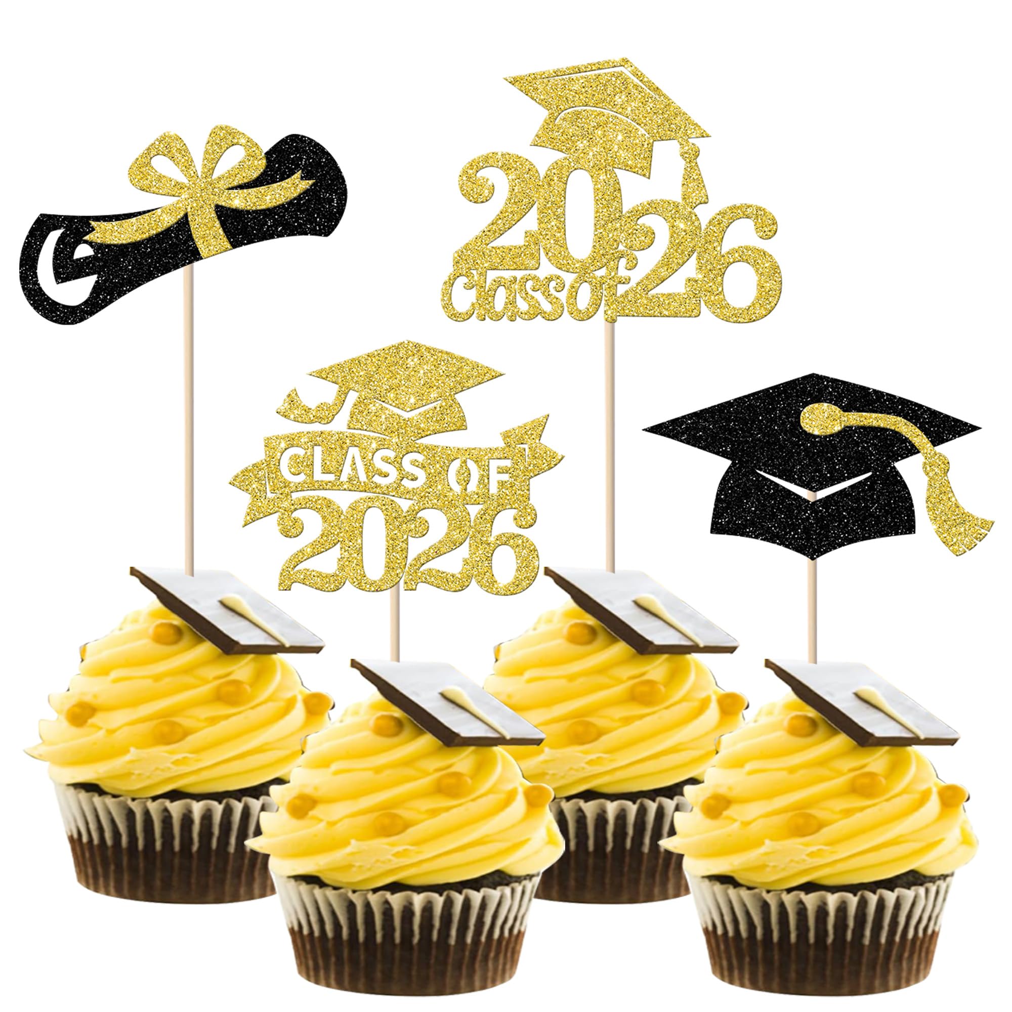 SYKYCTCY 24 Pack 2026 Graduation Cupcake Toppers with Glitter Class of 2026 Diploma Grad Cap Cupcake Picks Decorations for Graduation Theme School Boys Girls Graduate Party Supplies — image 1