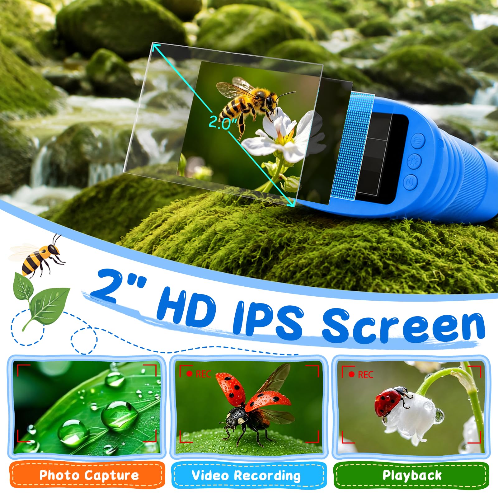 Microscopio Digitale Bambini 1000X, Microscopio Portatile con Schermo IPS 2 Pollici, 8 LED Luce Regolabile, Foto e Video, Regalo di Compleanno per Bambini Ragazzi e Ragazze (Blu)