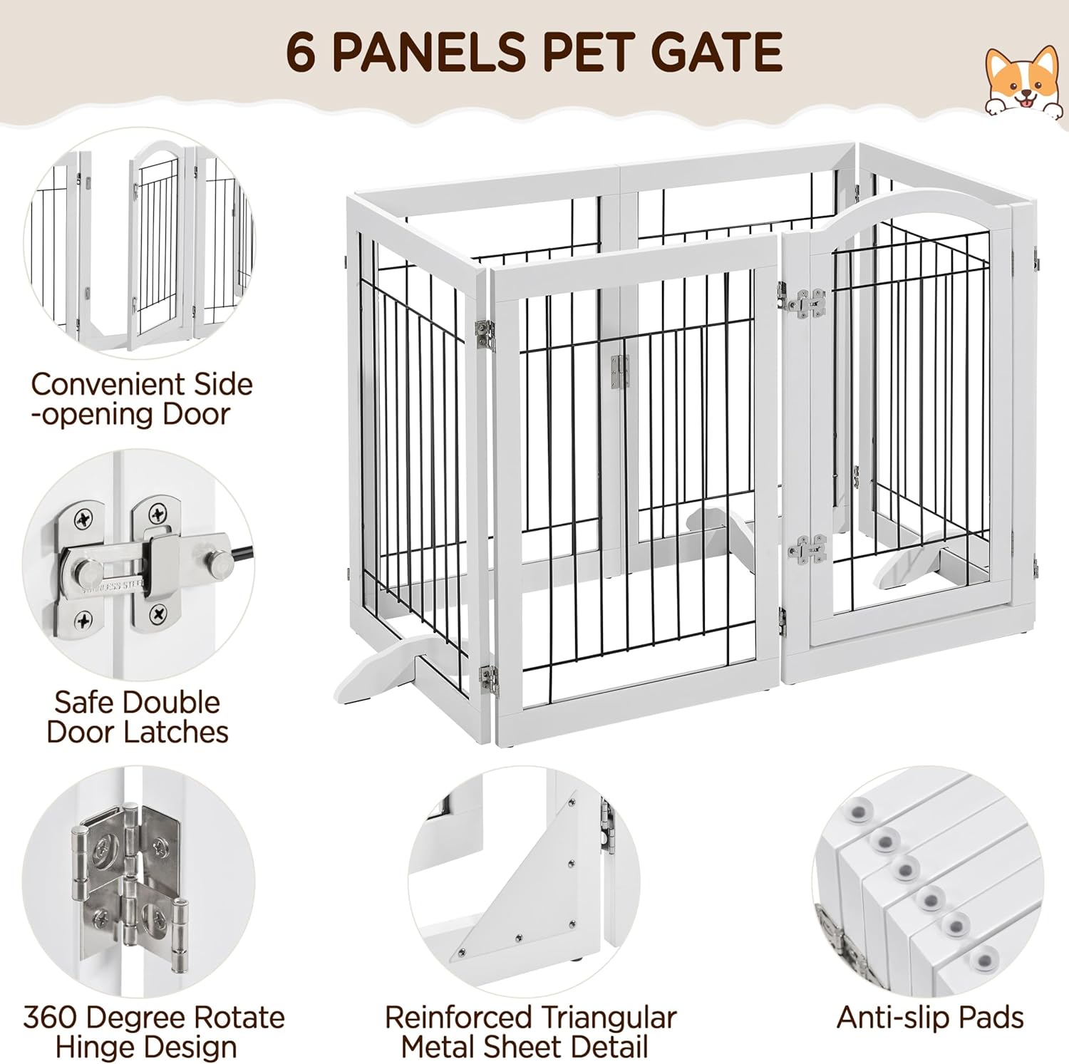 Yaheetech 32-inch Tall Dog Gate with Door Extra Wide Pet Gate for Dogs, Foldable Wire & Wooden Puppy Safety Fence w/3 Support Feet,Freestanding Dog Gate for The House, Doorway, Stairs(White,6 Panels)