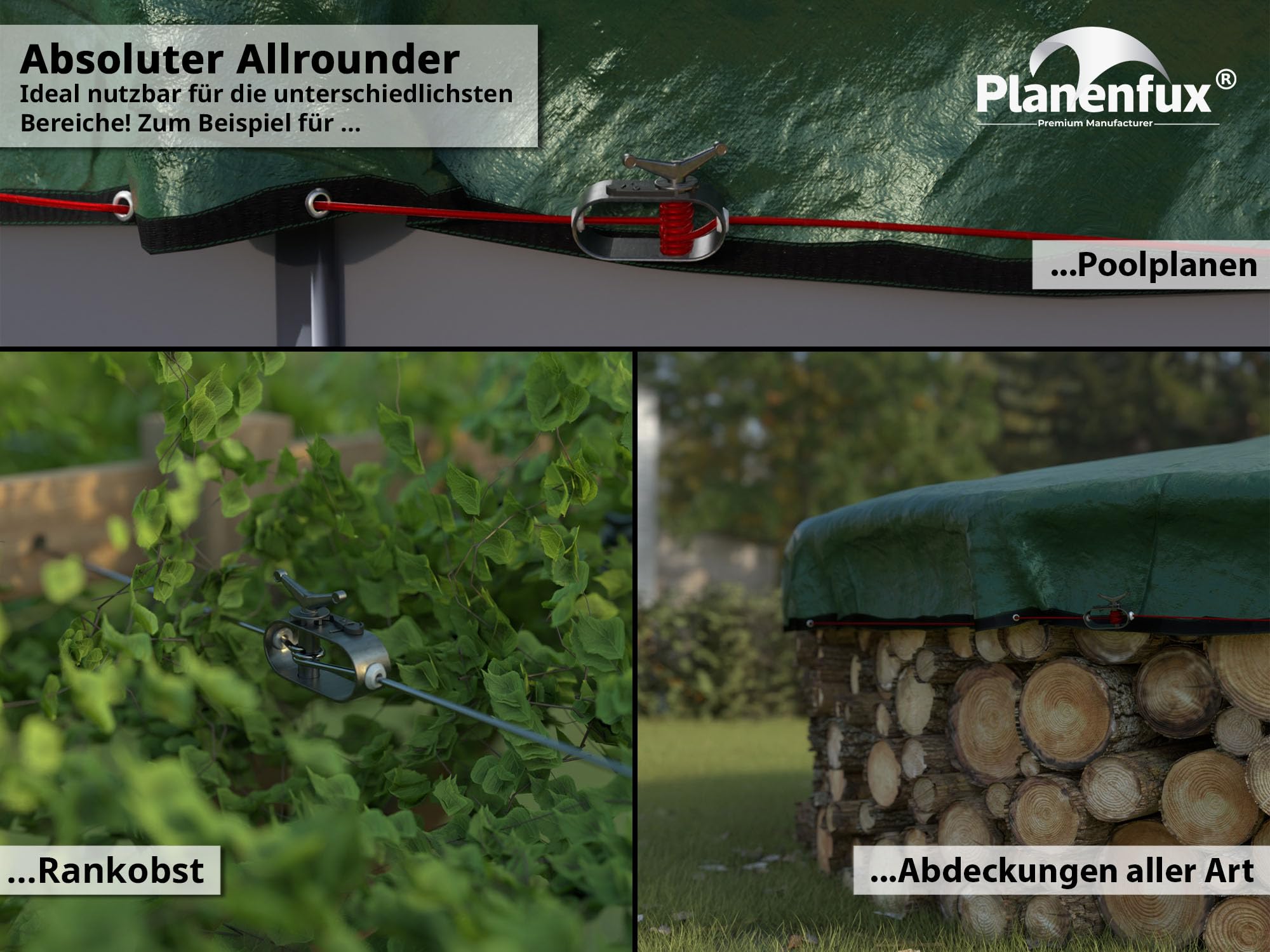 Planenfux® Tendeur de câble métallique avec câble en acier gainé de 2 mm (31 m) | Tendeur de câble métallique pour bâche de piscine, bâche de jardin et bien plus encore | Kit de tension avec fil de