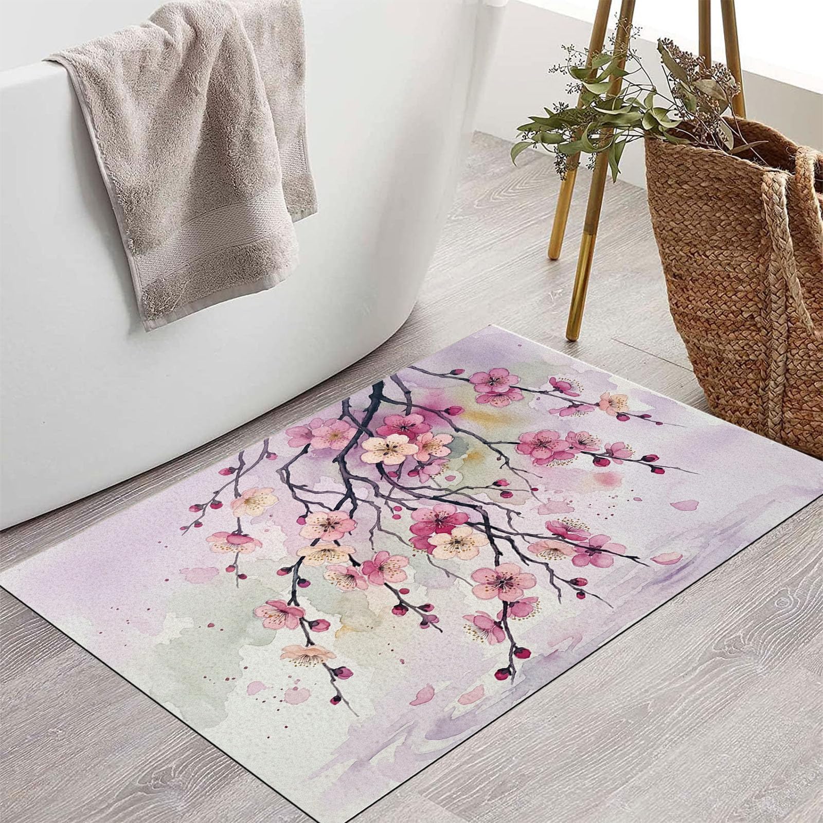 Zerbino Ingresso Interno Fiori Orientali Rami Piangenti, Zerbino Di Benvenuto Lavabile Morbida Piante Semplici Ad Acquerello, Antiscivolo Tappeto Da Decorazioni Rosa Per Casa Porta, 60X90Cm