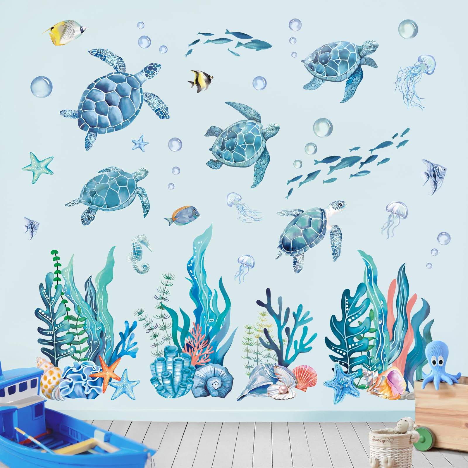 FUFUQUARE Blue Turtle Wall Stickers Under The Sea Jellyfish Seaweed Wall Decals DIY Peel and Stick for Kids Bedroom Living Room Bathroom