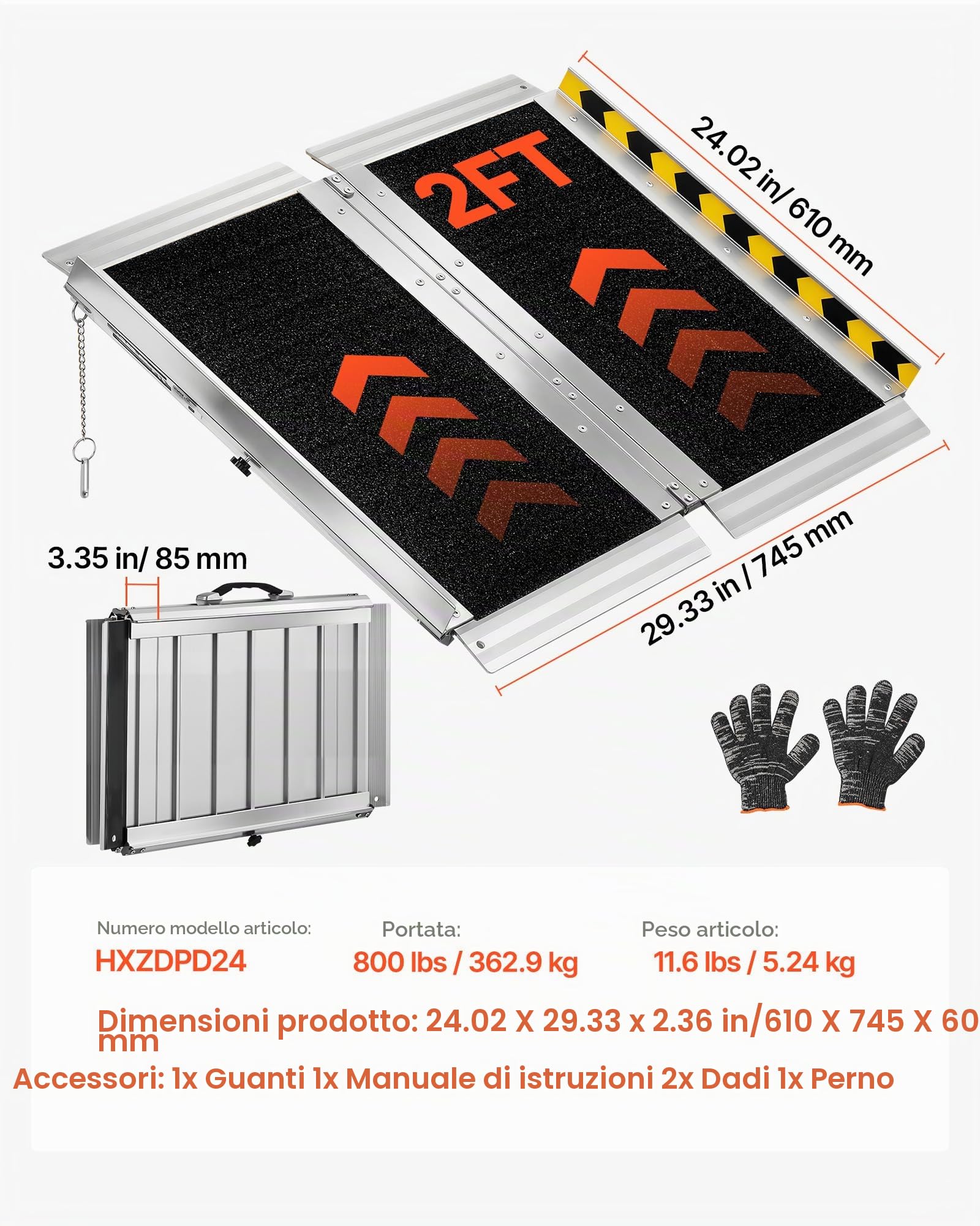 VEVOR Rampa Pieghevole per Sedie a Rotelle, 61 cm, Rampa di Soglia Portatile in Alluminio Resistente, Superficie Antiscivolo, Portata Massima 363 kg, per Gradini, Scale, Ingressi, Porte e Scooter