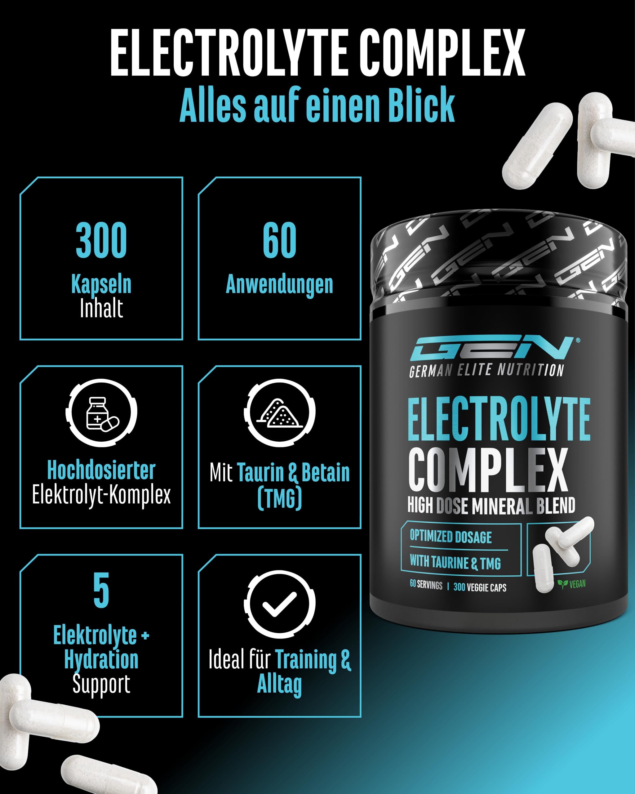 GEN GERMAN ELITE NUTRITION Electrolyte Complex - 300 Kapseln | mit Taurin & Betain (TMG), Natrium, Kalium, Magnesium & Calcium, 3600 mg pro Tagesportion, 60 Portionen