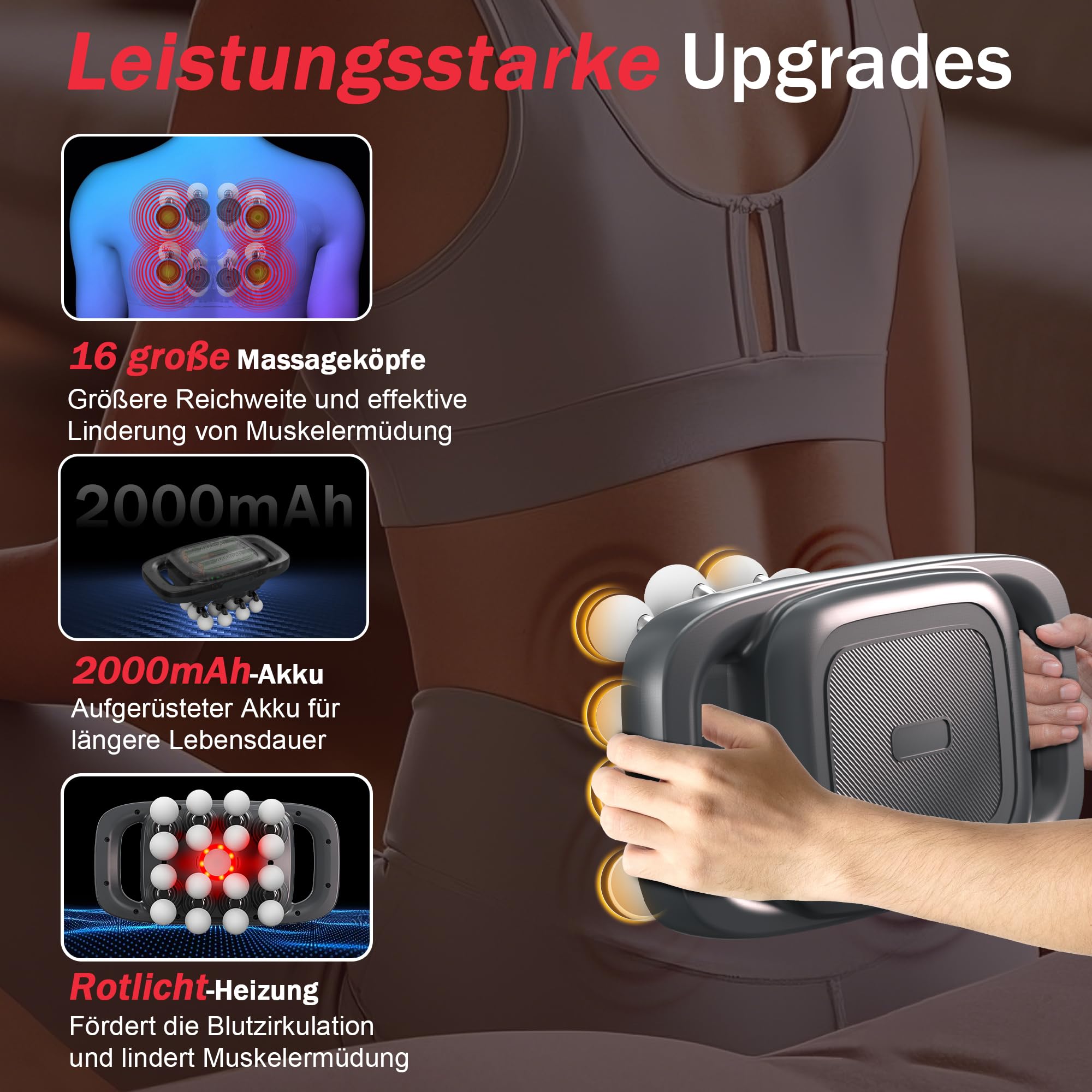 16-Kopf Massagepistole, 3 Massagemodi mit Rotlicht | 30 einstellbare Geschwindigkeiten, zur Linderung von Muskelverspannungen und Müdigkeit für Rücken, Taille, Oberschenkel