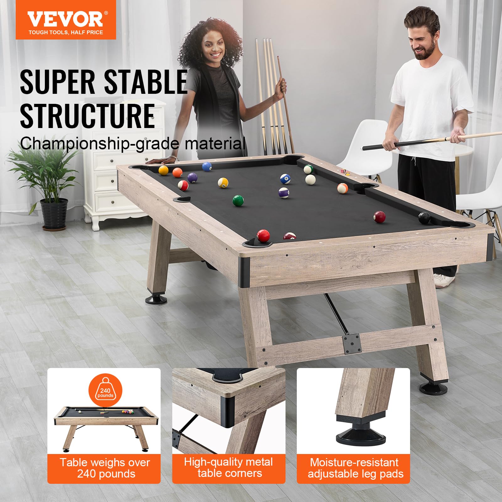 VEVOR Table de Billard 213,4 cm, Kit de Billard Pieds Réglables, Ensemble d'Accessoires Complets avec Balles, Queues, Craies et Brosse, Couleur Bois avec Tissu Noir, pour Domicile, Club, Café-Bar
