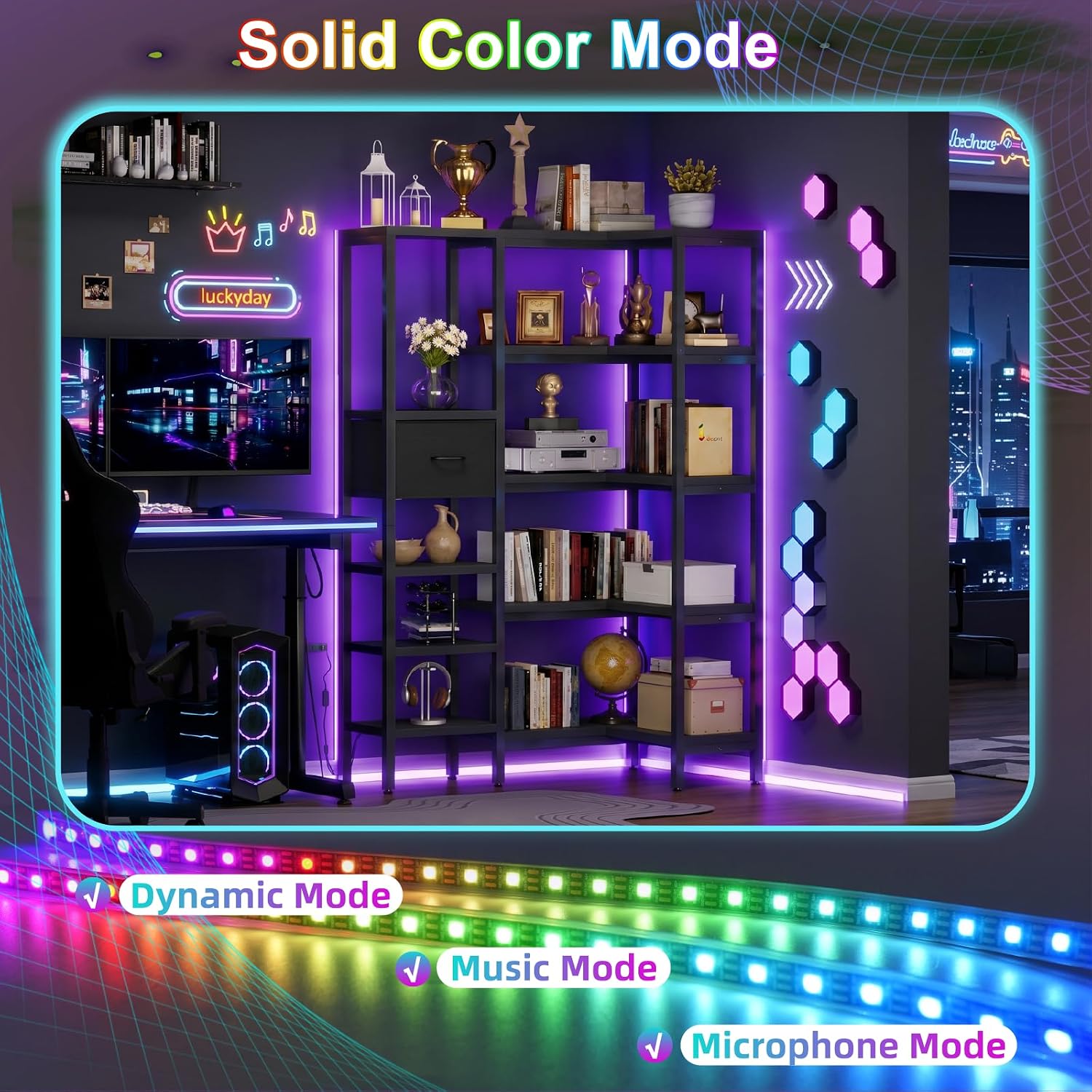 YOSHOOT L-Shaped Corner Bookshelf with LED Light Strips & 4 Fabric Drawers,5-Tier Industrial Convertible Book Shelf Freestanding Display Shelf,for Living Room,Home Office,Bedroom,Black