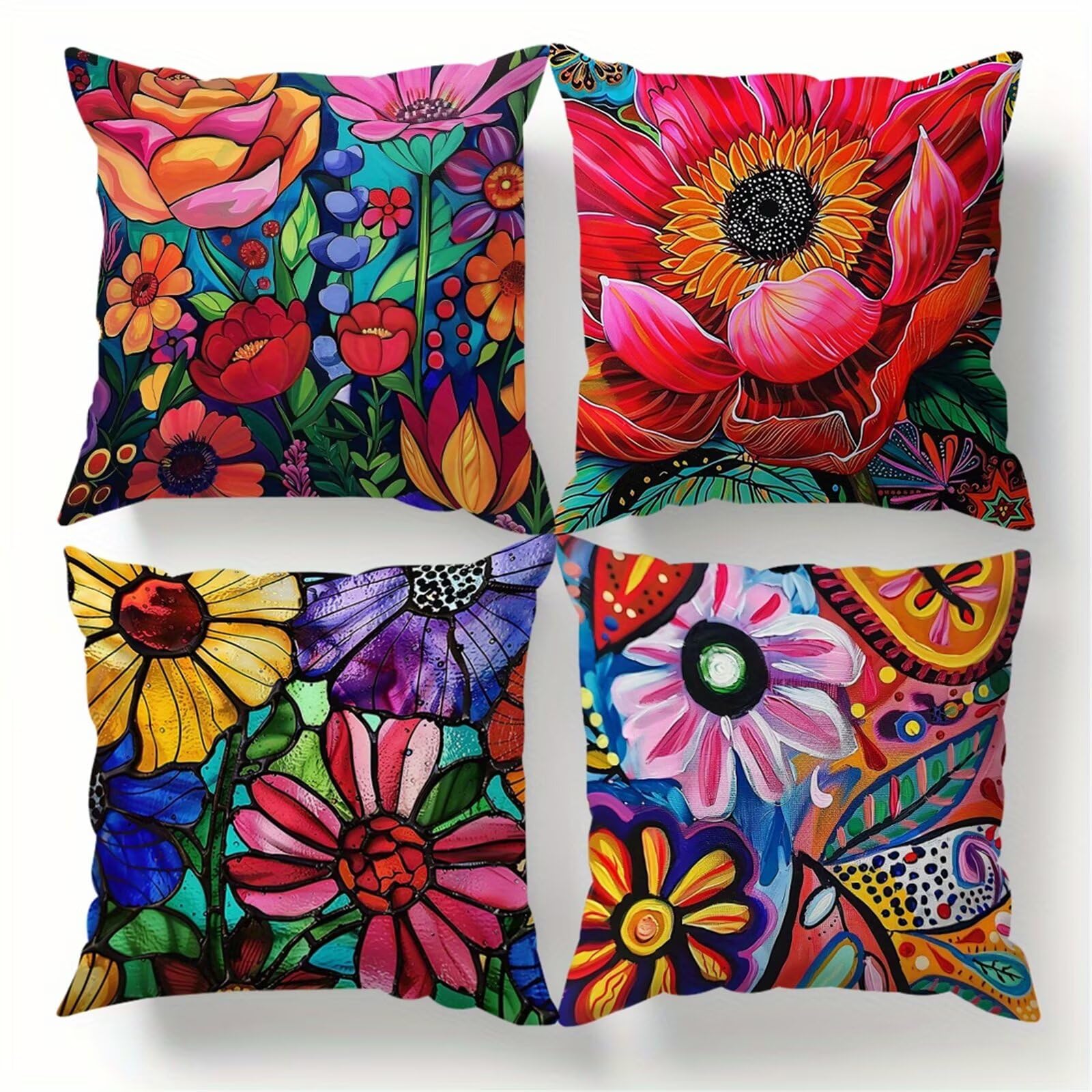 QiHon Set of 4 Decorative Linen Cushion Covers 60x60 cm, Modern Colourful Flowers Square Throw Pillow Cases with Invisible Zipper, Breathable Pillowcases for Sofa Couch Living Room Bedroom Garden