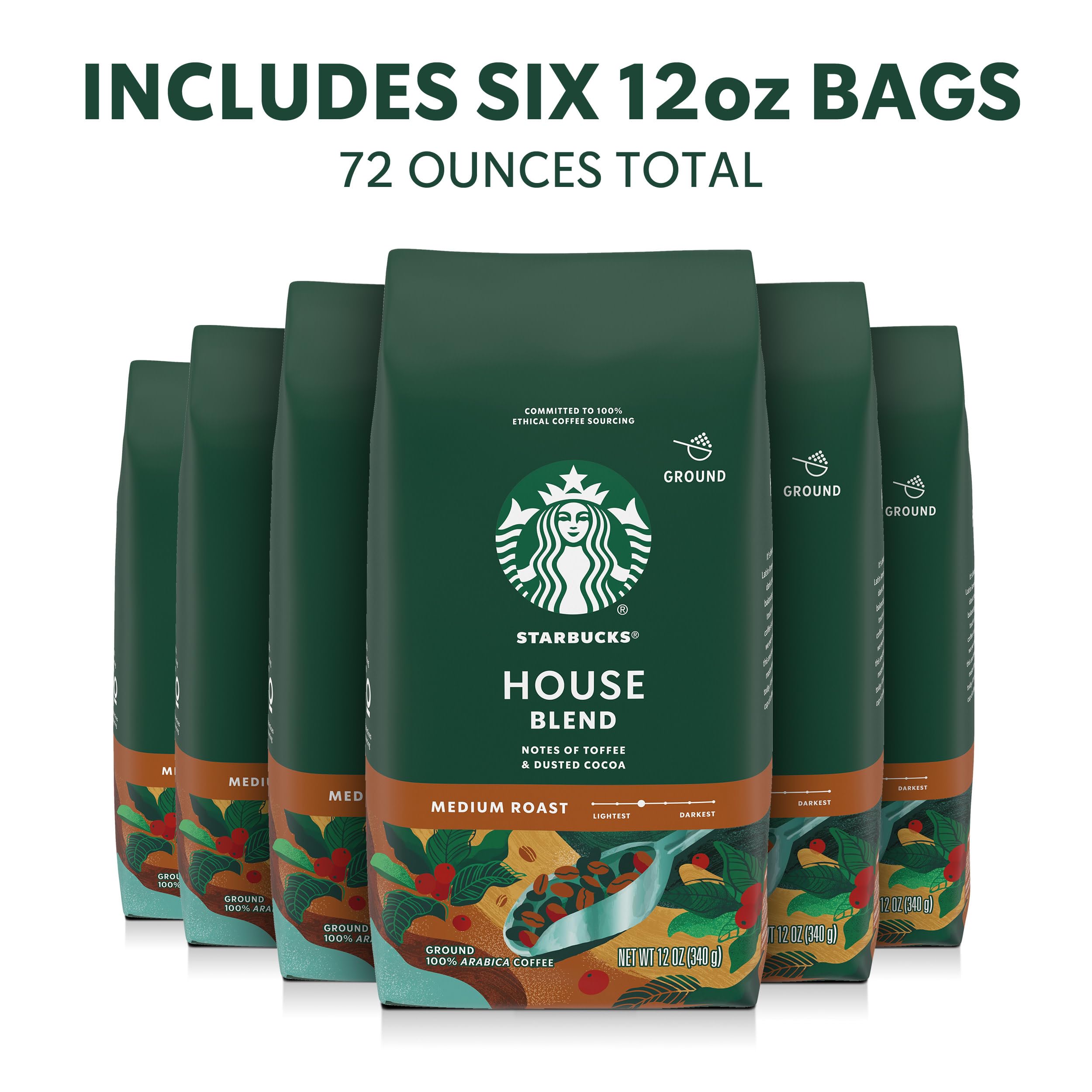 Amazon.com : Starbucks Ground Coffee, Medium Roast Hot or Iced Coffee,  House Blend, Six 12 oz Bags : Grocery & Gourmet Food