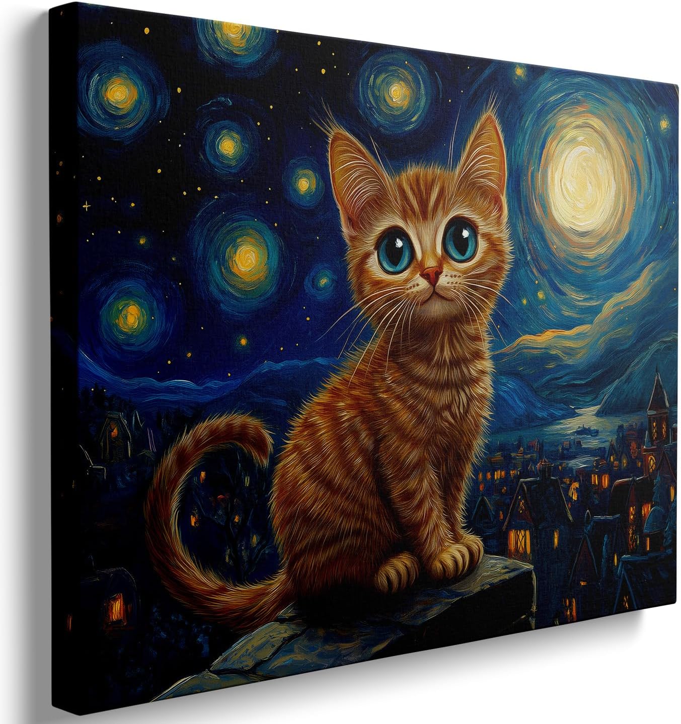 Ypxzzj Van Gogh Starry Night With Cats Canvas Wall Art,Night Starry Pictures Paintings Wall Decor, Animal Cat Artworks for Bedroom Living Room Wall Decor Framed Ready to Hang