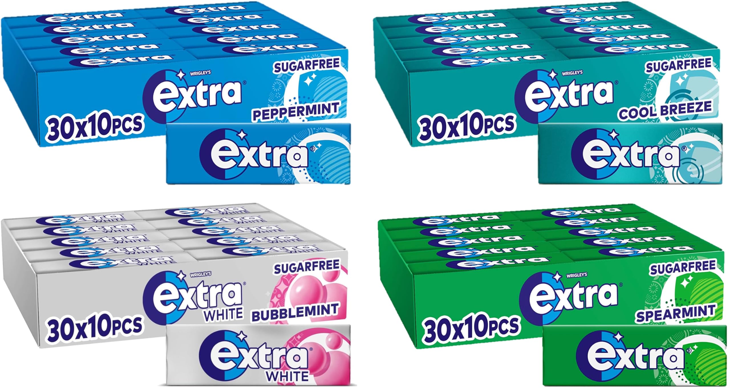 ExtraSugarfree Chewing Gum, Peppermint, Cool Breeze, Spearmint and Bubblemint, Freshens Breath, Helps with Oral Hygiene for Healthy Teeth and Gums 30 Packs of 10 pieces of Each Flavour (120 Packs)