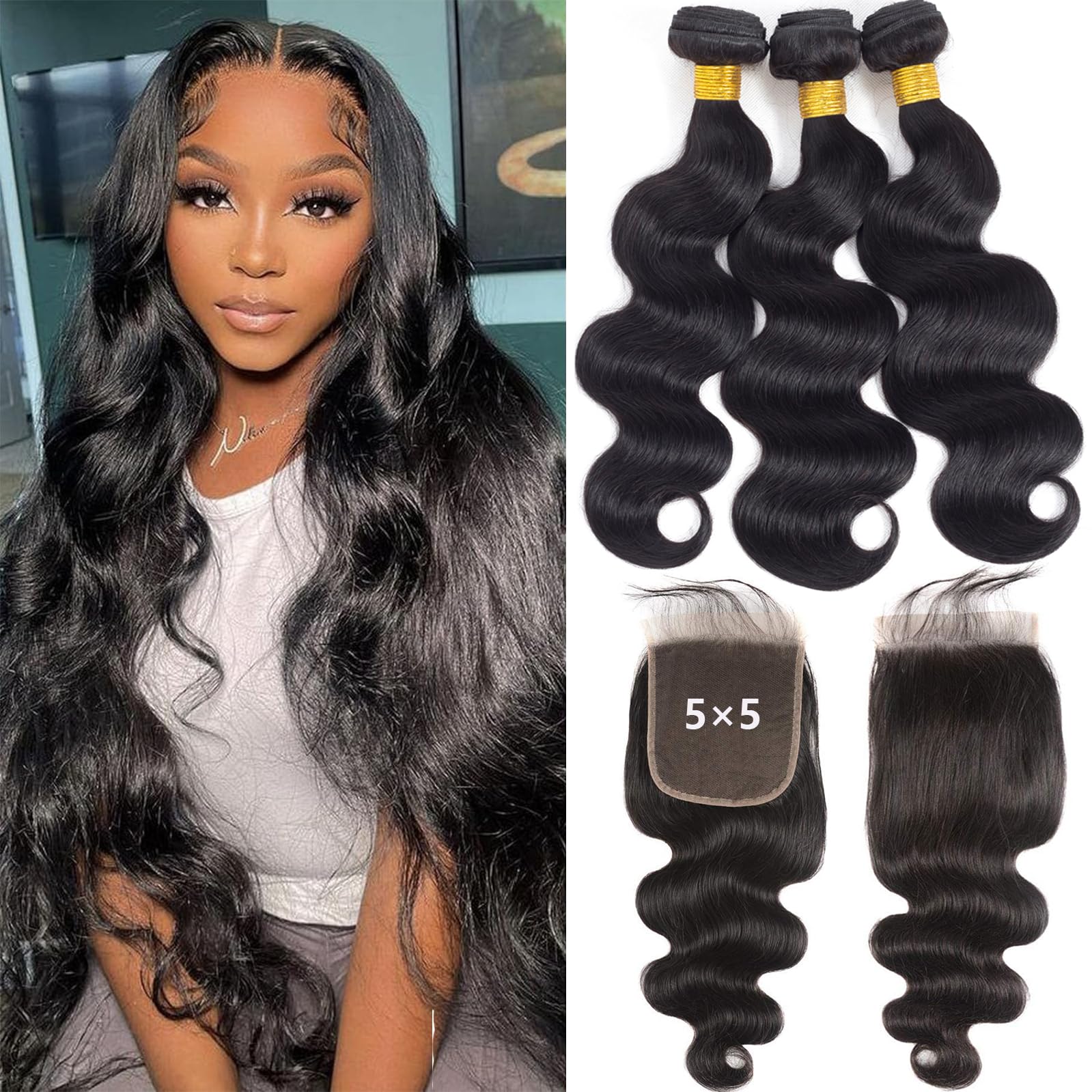 16A Body Wave 3 Bundles with 5×5 HD Lace Closure (18 20 22+16") 100% Unprocessed Brazilian Virgin Body Wave Human Hair Weave Bundles with Closure