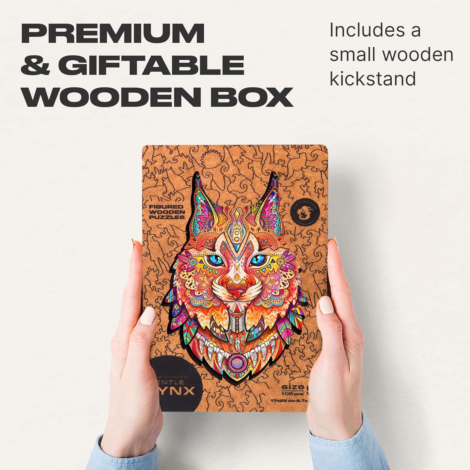 UNIDRAGON Original Wooden Puzzle — Gentle Lynx, 105 Pieces, Small 6.7 х 10 Inches (17 х 25 cm) Beautiful Gift Packaging, Unique Shape Best Gift for Adults