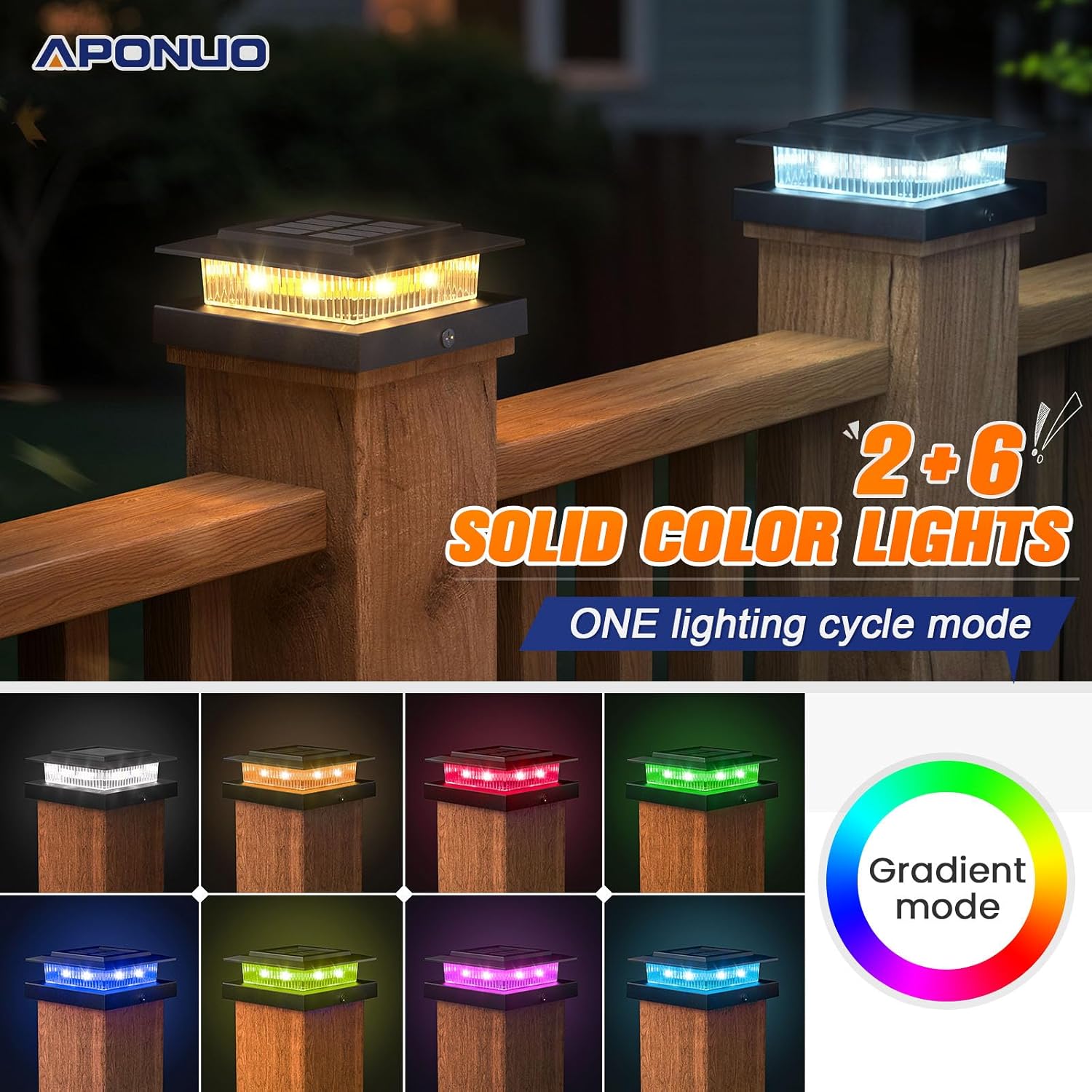 APONUO 6 Pack Solar Post Cap Lights Color Changing - 8 Solid Colors & Flowing Multicolor, IP65 Waterproof for 4x4 Wood/Vinyl Posts, Auto On/Off Deck Fence Patio Garden Lighting, Black