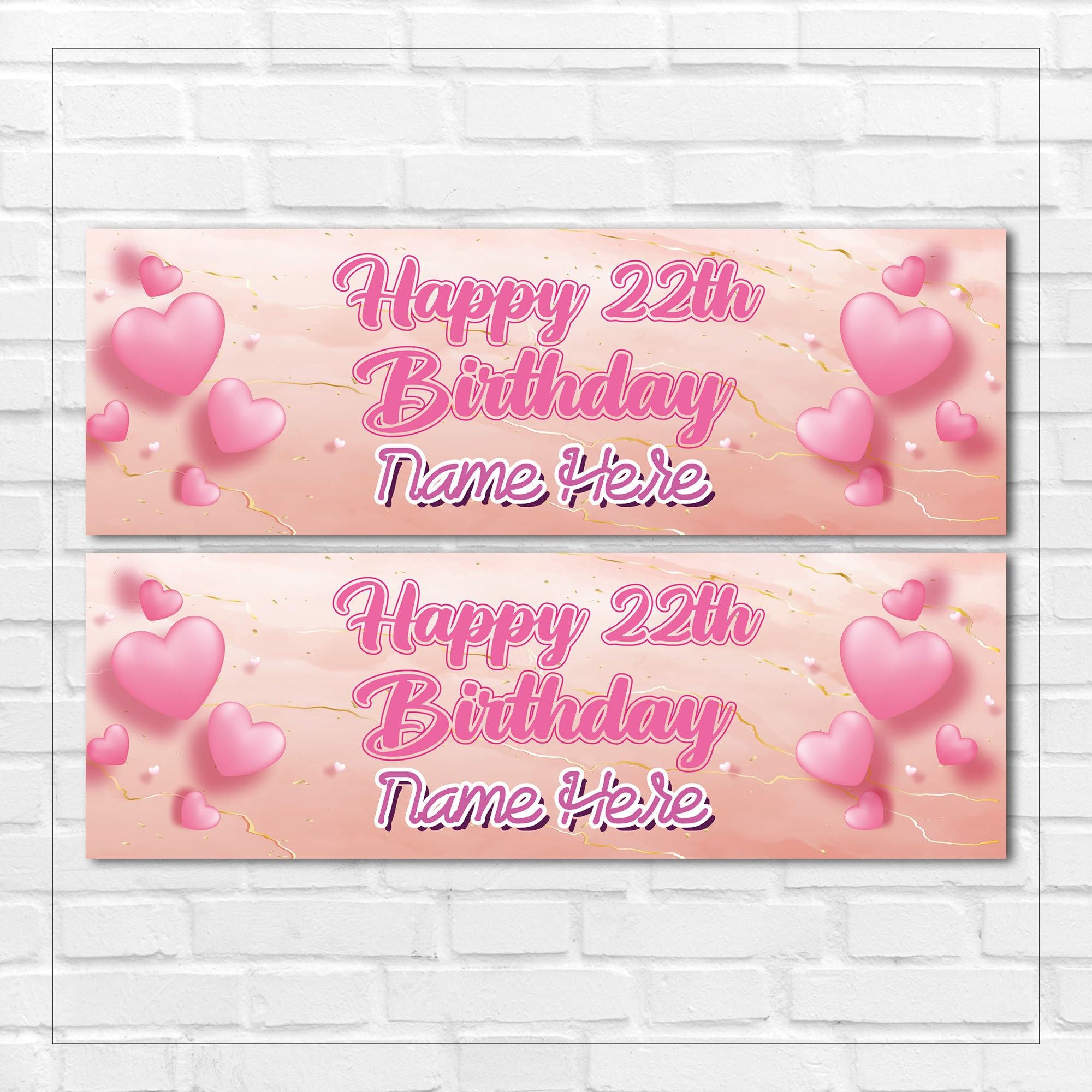2 Pink Hearts Personalised Birthday Banners Girls Birthday Party Decoration Women Daughter Sister Wall Decor - Any NAME or AGE - Any MESSAGE