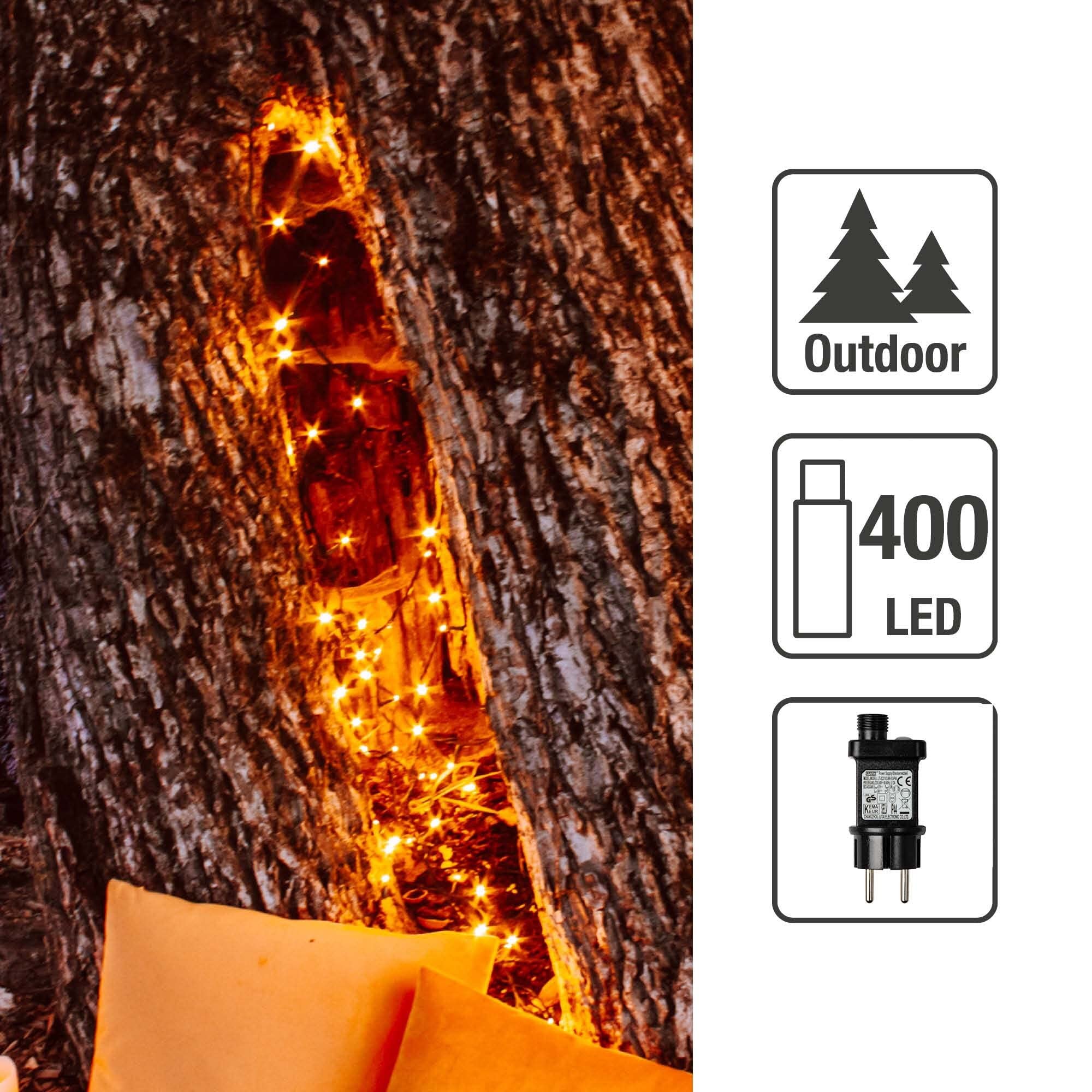 hellum LED Lichterkette Außen oder Innen, Lichterkette Warmweiß klassisch mit Timer, strombetrieben mit 400 LED < 59 lm, Weihnachtsbaumbeleuchtung mit Kabel in Grün 578928