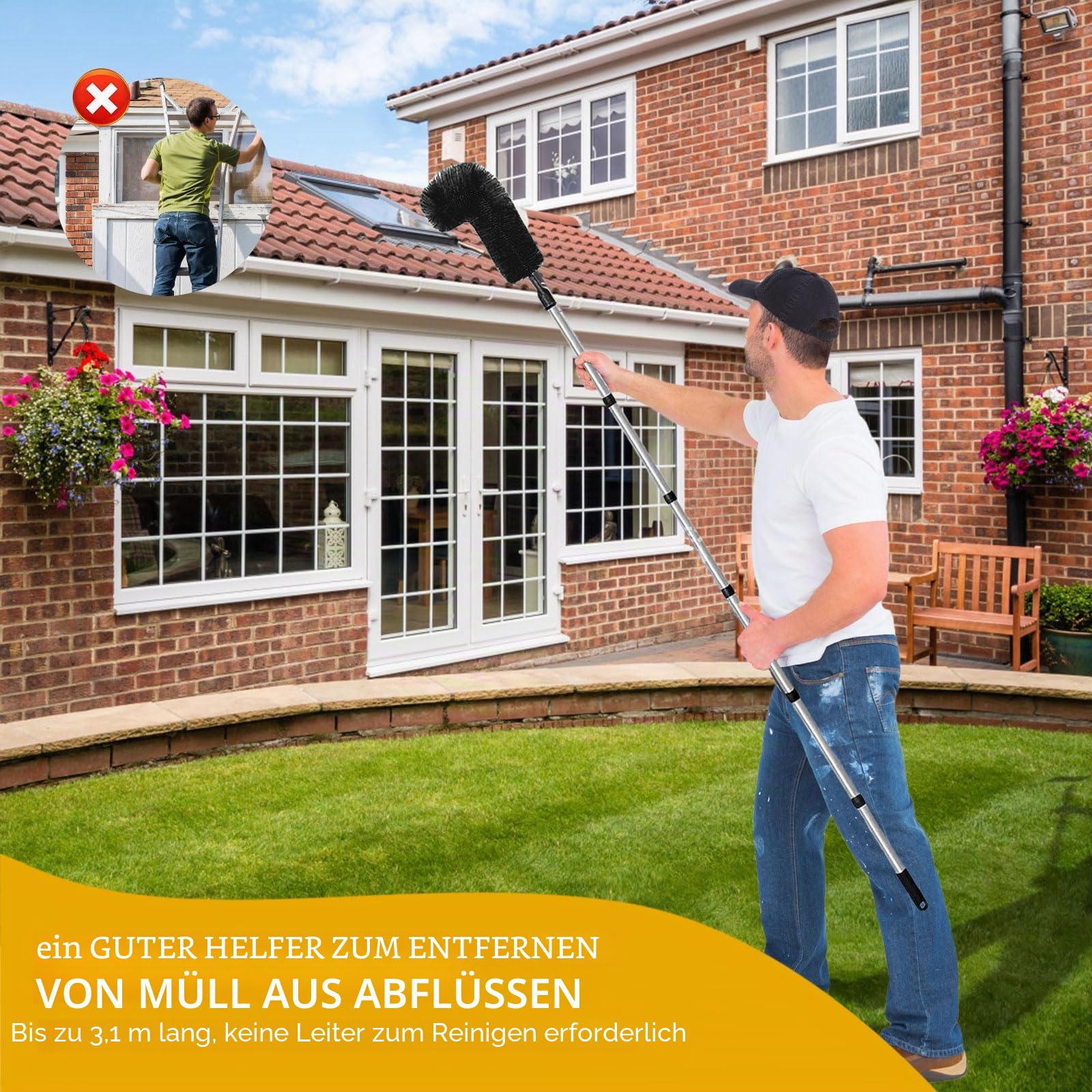 Dachrinnenreinigungswerkzeug Teleskop, Dachrinnenreinigungsbürste mit Edelstahl Teleskopstange, ausziehbar 310 cm, zum Reinigen von Laub, Schnee, Schmutz und verschütteten Fallrohrdächern (Schwarz)