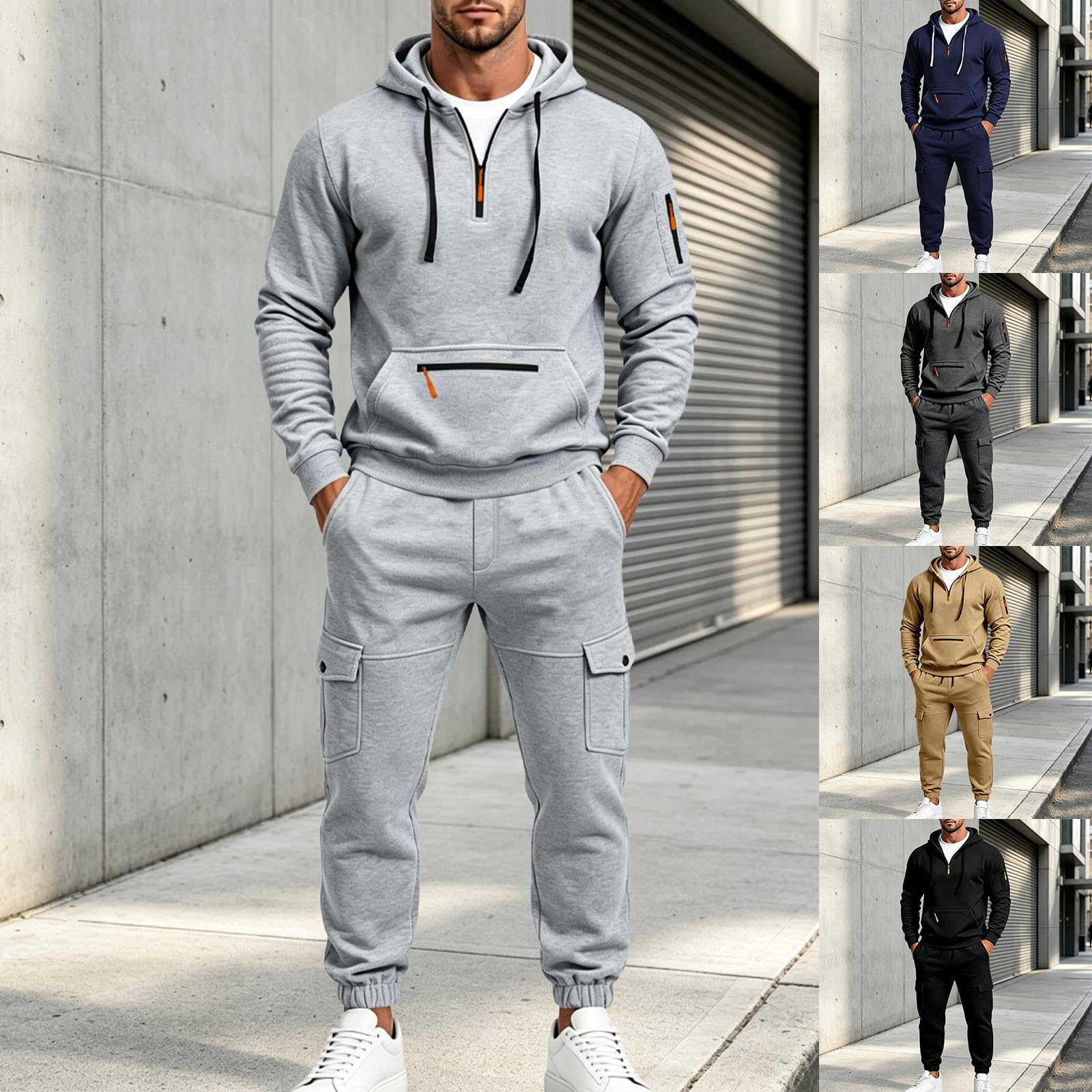 Generisch Survêtement pour homme - Avec capuche - Demi-fermeture éclair - Poches cargo - Lacets - Baggy - Décontracté - Sport - Survêtement doux