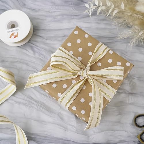 Miniatura 5 de HUIHUANG Cinta de rayas doradas y blancas, 1 pulgada x 10 yardas, cinta de algodón blanca y dorada con rayas doradas metálicas para coronas de