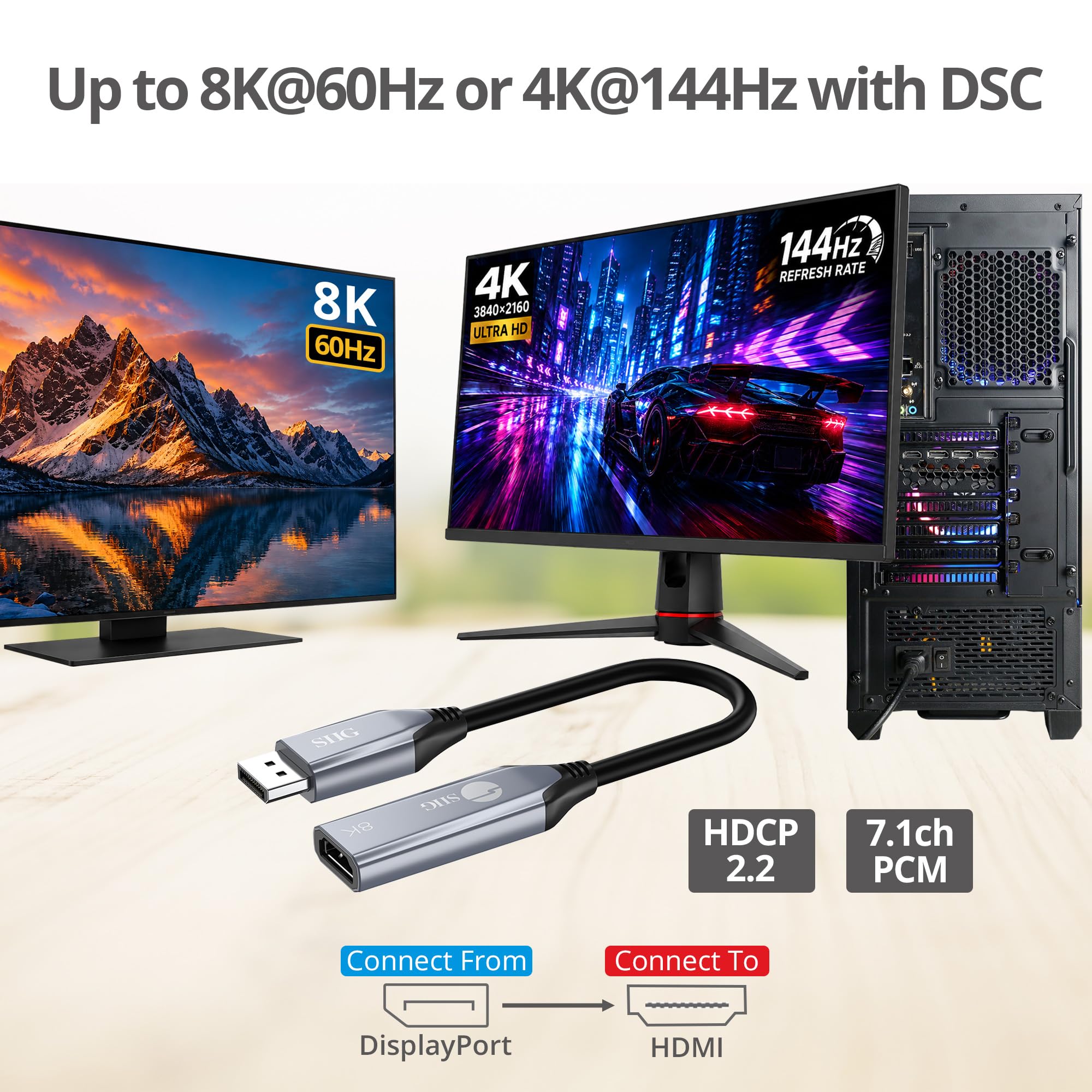 SIIG Adattatore attivo DisplayPort a HDMI 8K, ingresso video DP 1.4 a uscita HDMI, unidirezionale, supporta 8K 60Hz e 4K 144Hz con HDR e DSC, DP a HDMI Monitor Cable Adapter (CB-DP2611-S2)