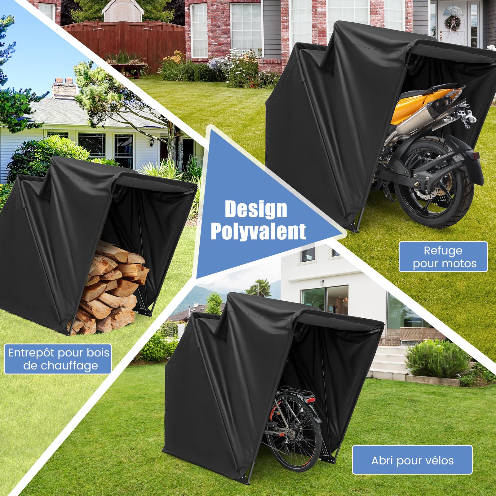 COSTWAY Abri de Moto Extérieur de 345 x 137 x 190 cm, Tente Moto avec Housse en Tissu Oxford Fenêtres en Maille Enroulables, Housse Vélo Exterieur Étanche pour Vélos Outils, Noir