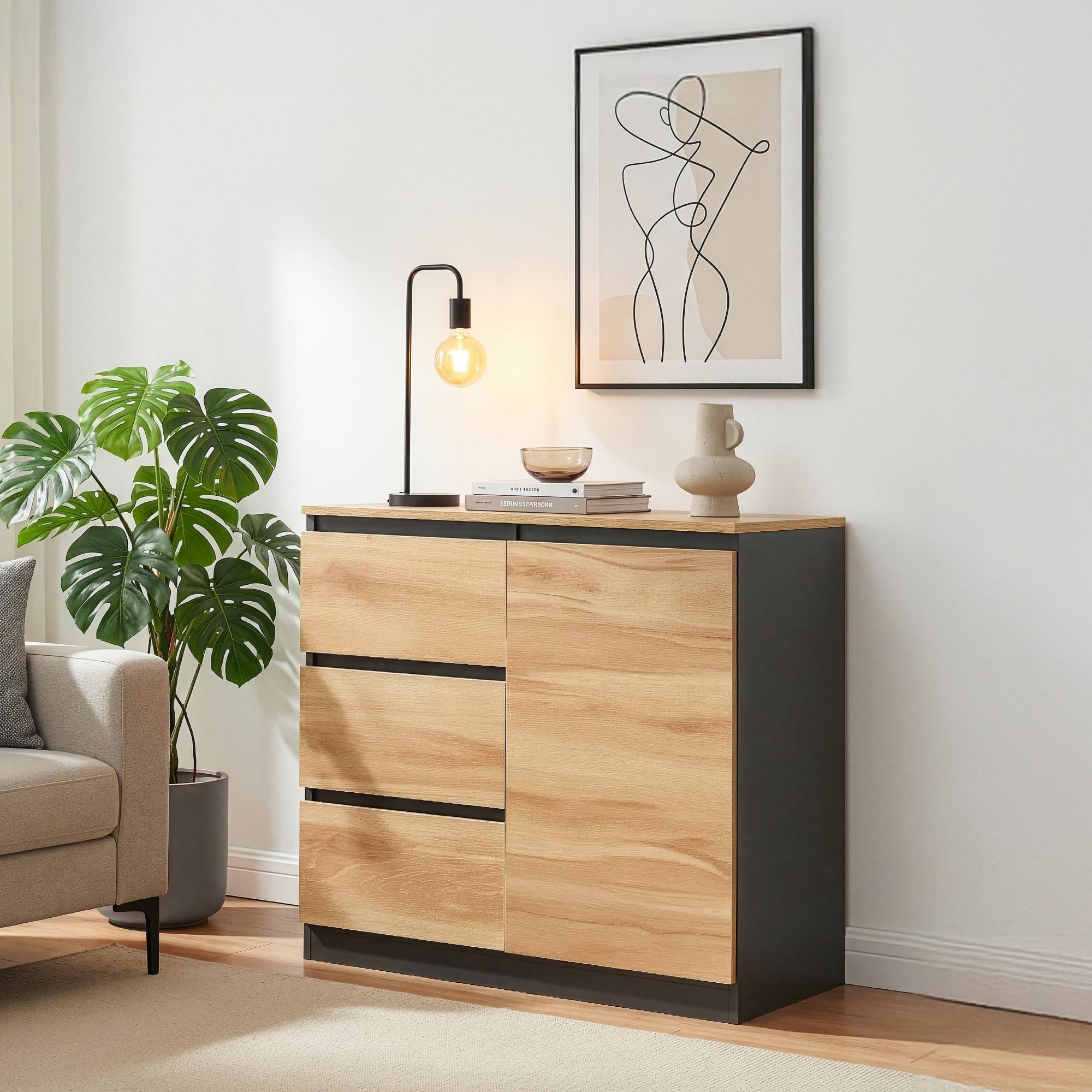 [en.casa] Credenza Mobile Contenitore con Anta e 3 Cassetti Comò con Vani Ripiani Chiusi Madia per Soggiorno Sala da Pranzo Ingresso 80 x 40 x 75 cm - Nero/Effetto Rovere Rustico