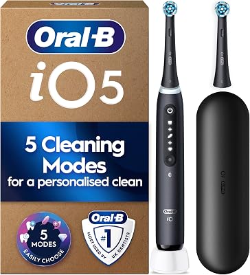 💎 70% MEGA DEAL! Oral-B iO5 Electric Toothbrush, 1 Handle, Black – 2 Brush Heads, Travel Case, Toothbrush for Adults, 5 Modes, Teeth Whitening, UK Two Pin Plug