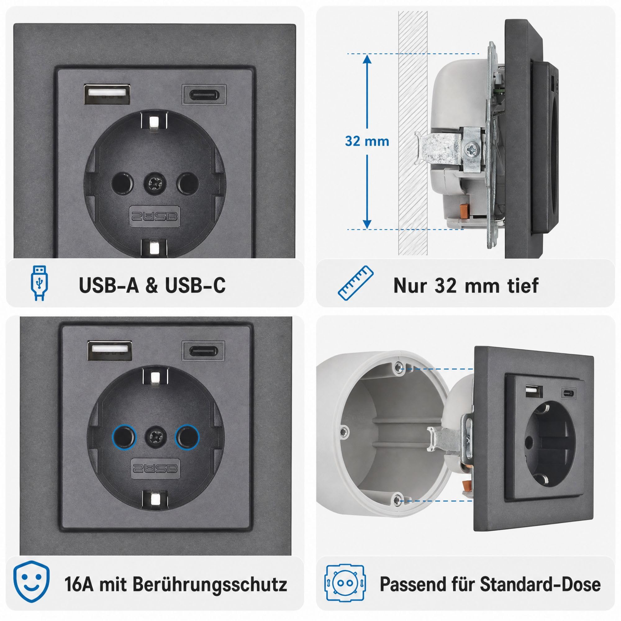 USB-Steckdose chargeMax unter Putz USB-A + USB-C mit Rahmen Ausführung 2USB, Tiefe nur 32mm, Set mit Abdeckung Gira E2 anthrazit