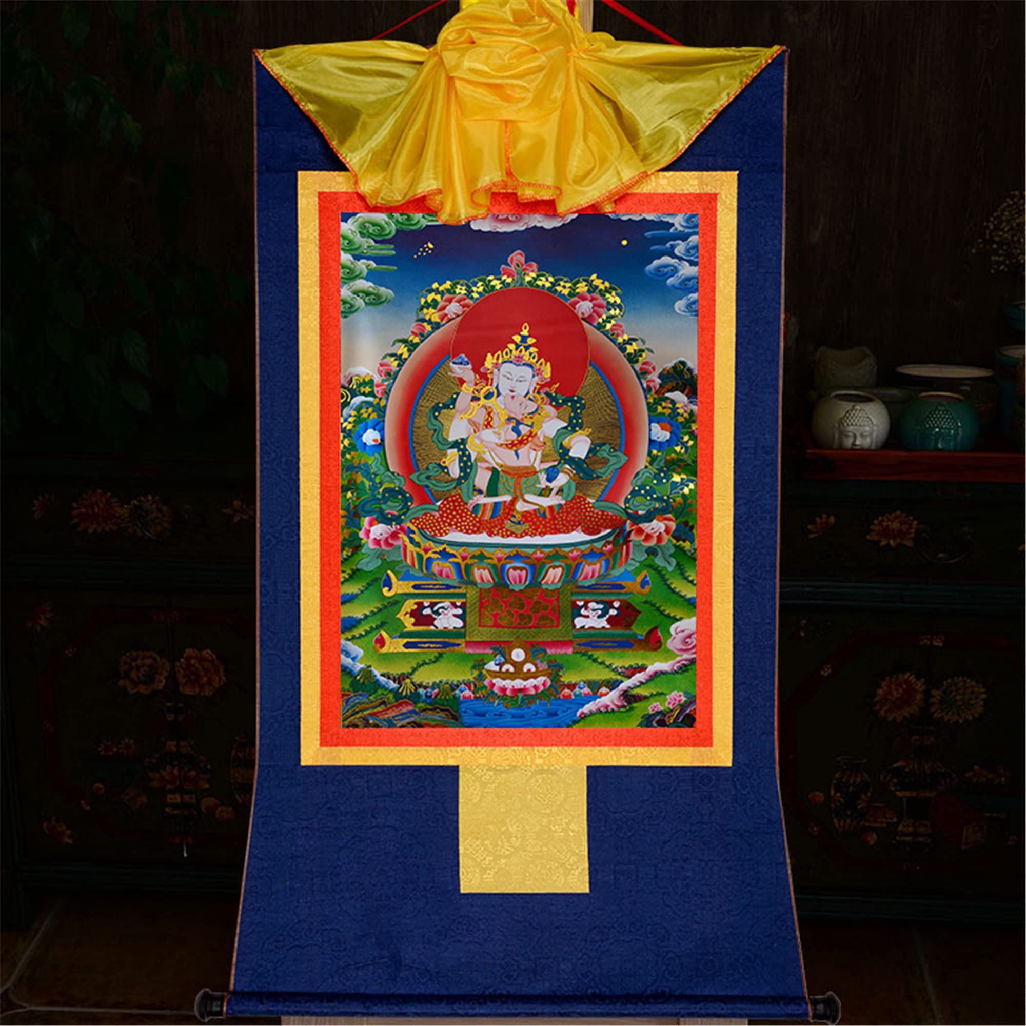 Gandhanra Thangka Tibetano - La forma Yab-Yum di Dorje Sempa Vajrasatva Thangka - Arazzo di Buddha a Stampa Dorata per Decorazione Zen, Meditazione, Rilassamento Spirituale e Pace