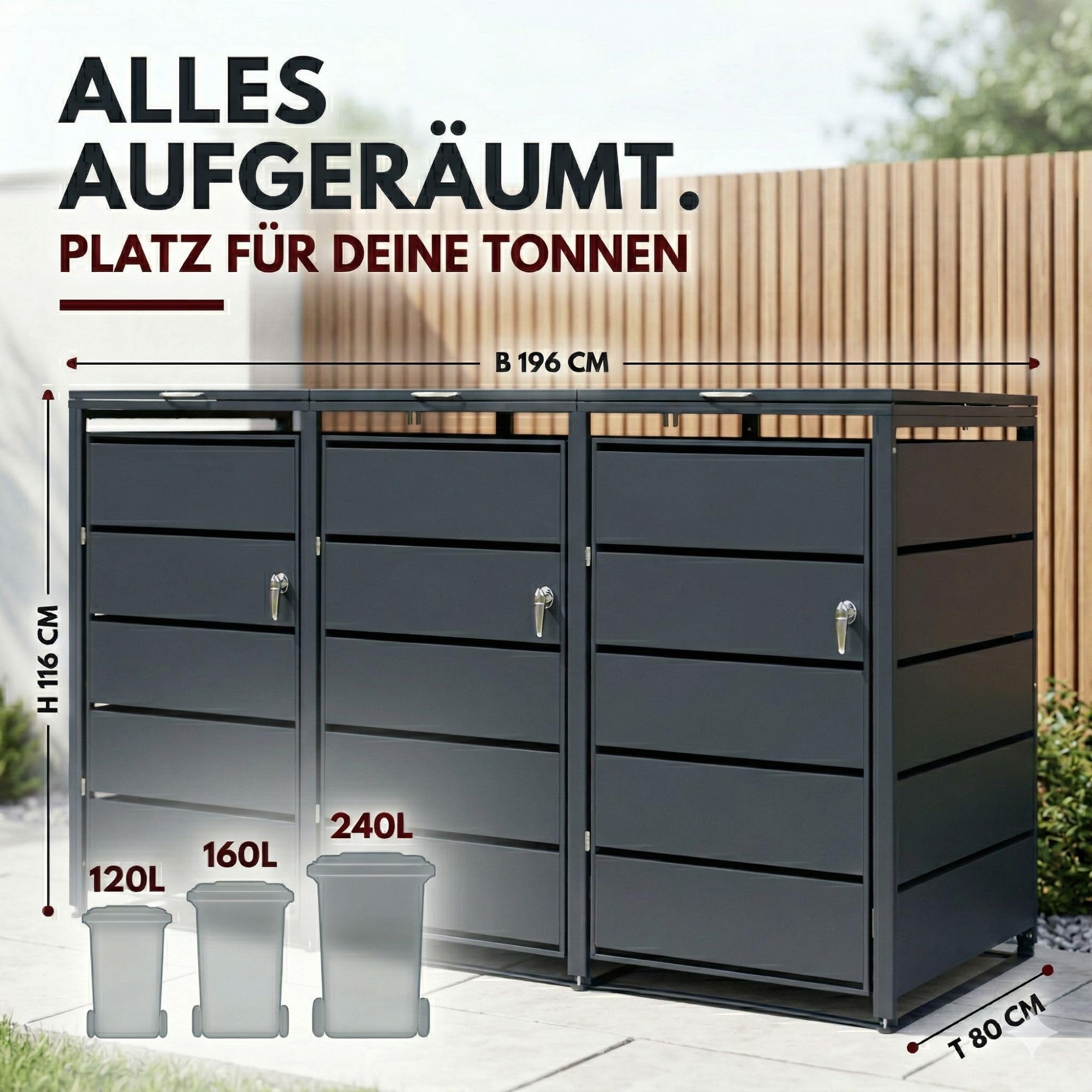 ALBATROS Mülltonnenbox 3er, 120L bis 240L, für DREI Tonnen, Mülltonnenverkleidung aus verzinkten Metall, Anthrazit Grau RAL7016, abschließbar, wetterfest, geprüft nach ISO9227, mit Aufkleber Set