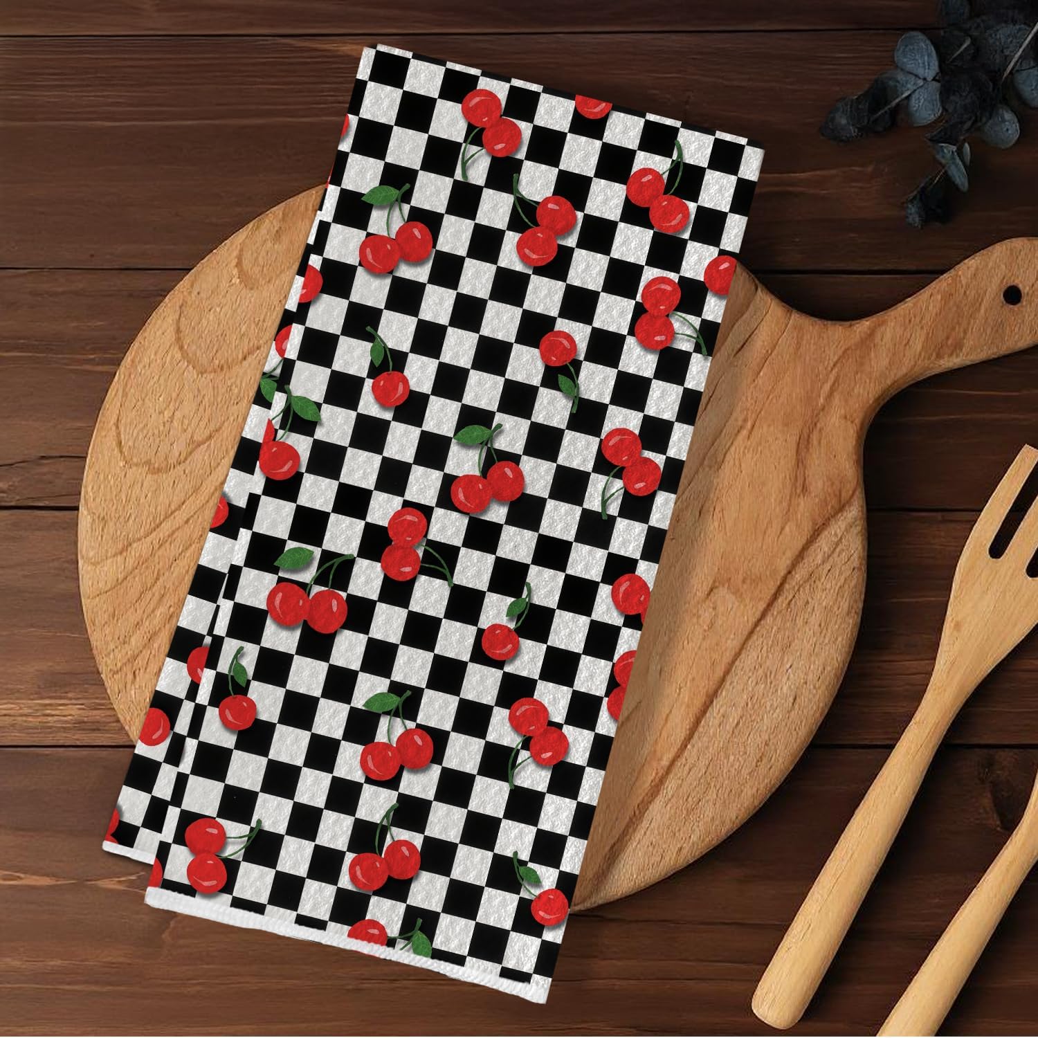 Black and White Checkered Cherry Kitchen Towels, Cherry Gifts Dish Tea Towels, Retro Trendy Checkerboard Cherries Fruit Decorative Hand Towel for Kitchen Bathroom, 16x24 Inch - Image 2