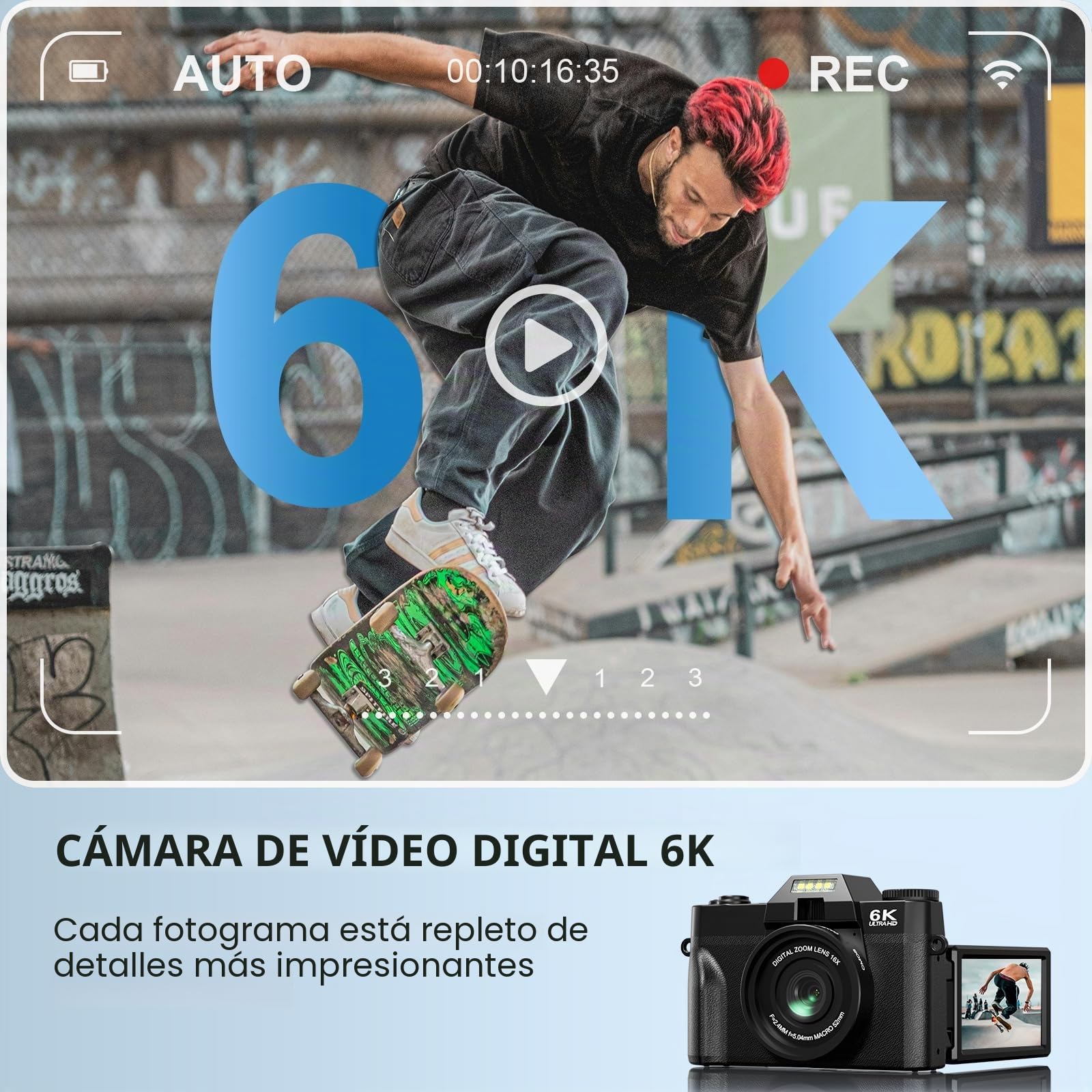 Camara Digital 6K 64MP para Vlogging con WiFi, Tarjeta TF de 64 GB, Micrófono, Enfoque Automático, Zoom 16X. Camara de Fotos Digital Compacta para YouTube, Principiantes, Objetivo Macro y Gran Angular