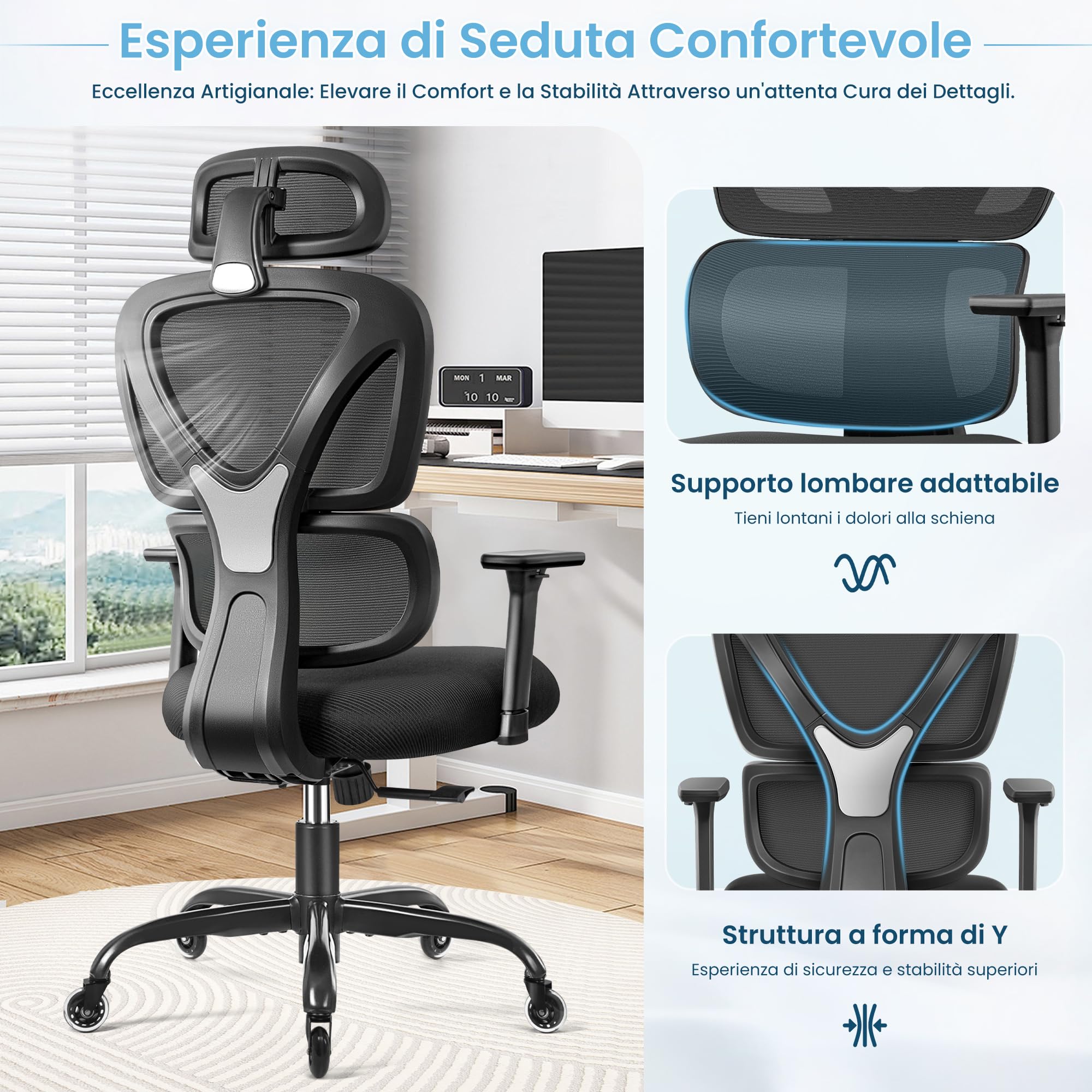 KERDOM Sedia da Ufficio, Sedia Scrivania Ergonomica,con Poggiatesta Regolabile, Braccioli, Supporto Lombare, Sedia Ergonomica contro il Dolore alla Schiena, 150kg/330lbs, 9070F Nero