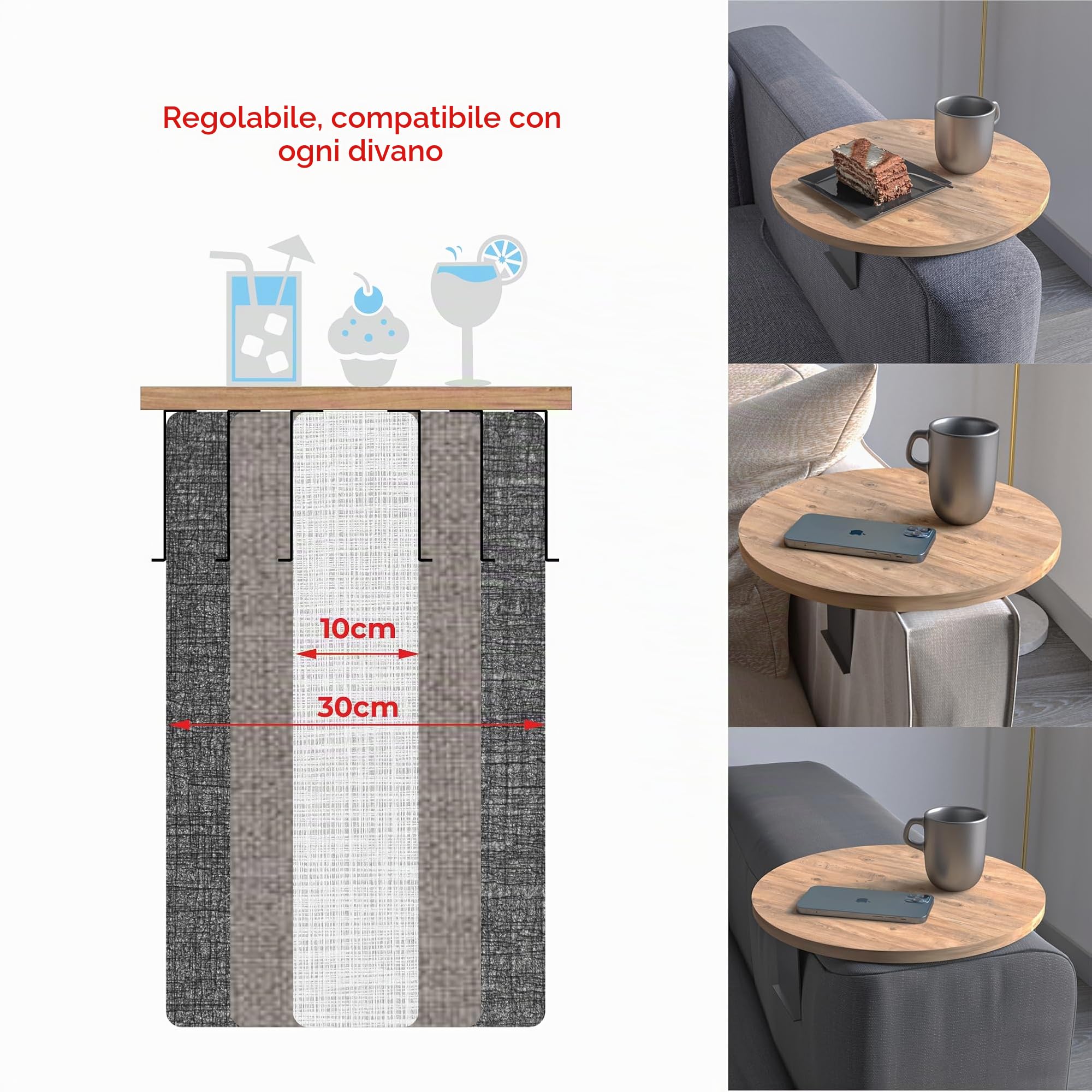 Vassoio da divano con bracciolo, vassoio regolabile per divano e bevande, design speciale, pratico supporto in metallo, diametro 35 cm (effetto legno)