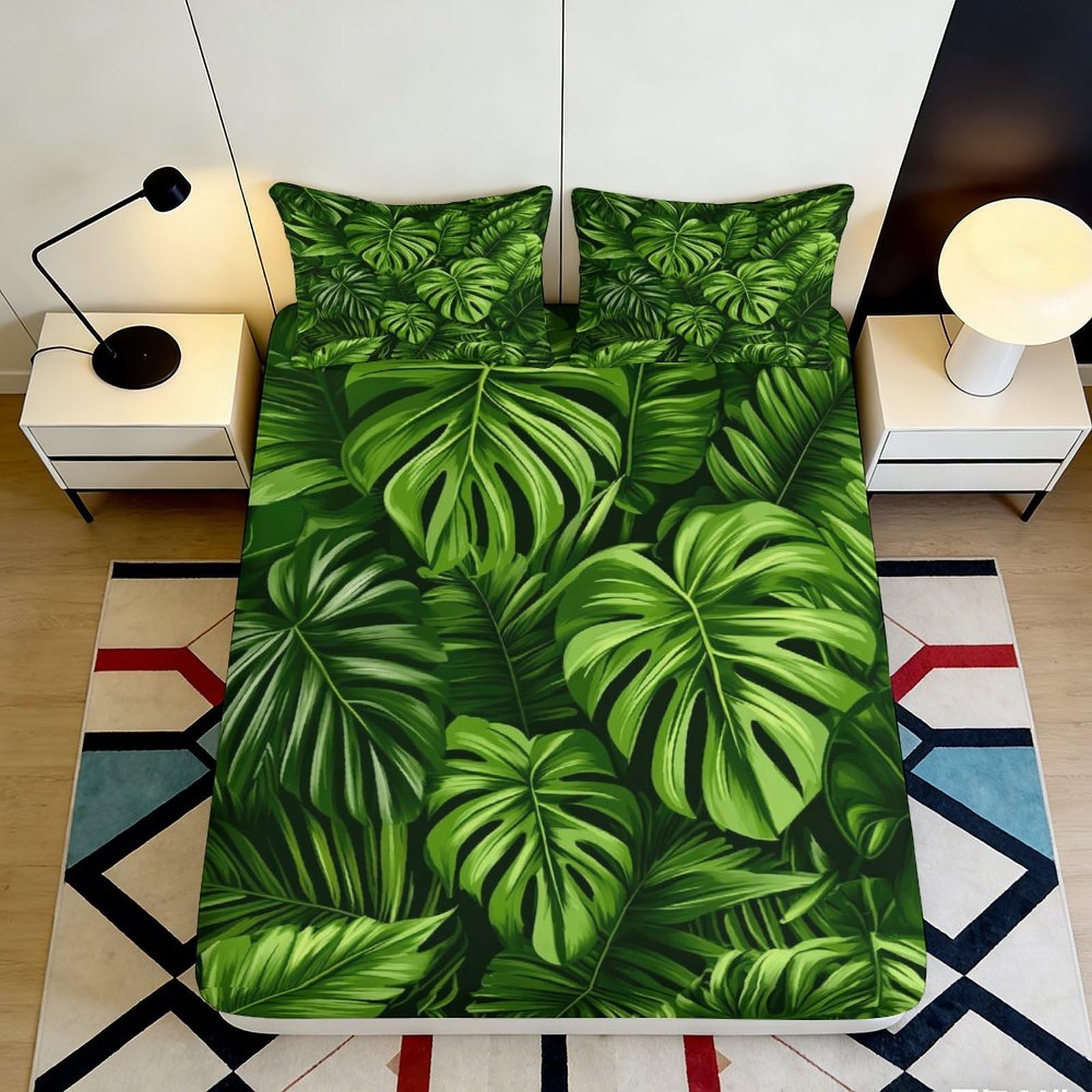 3D Printed Tropical Monstera Leaf Fitted Sheet Microfiber Deep Green Jungle Bed Cover for Bedroom Guest Room Decor 90x200x25cm