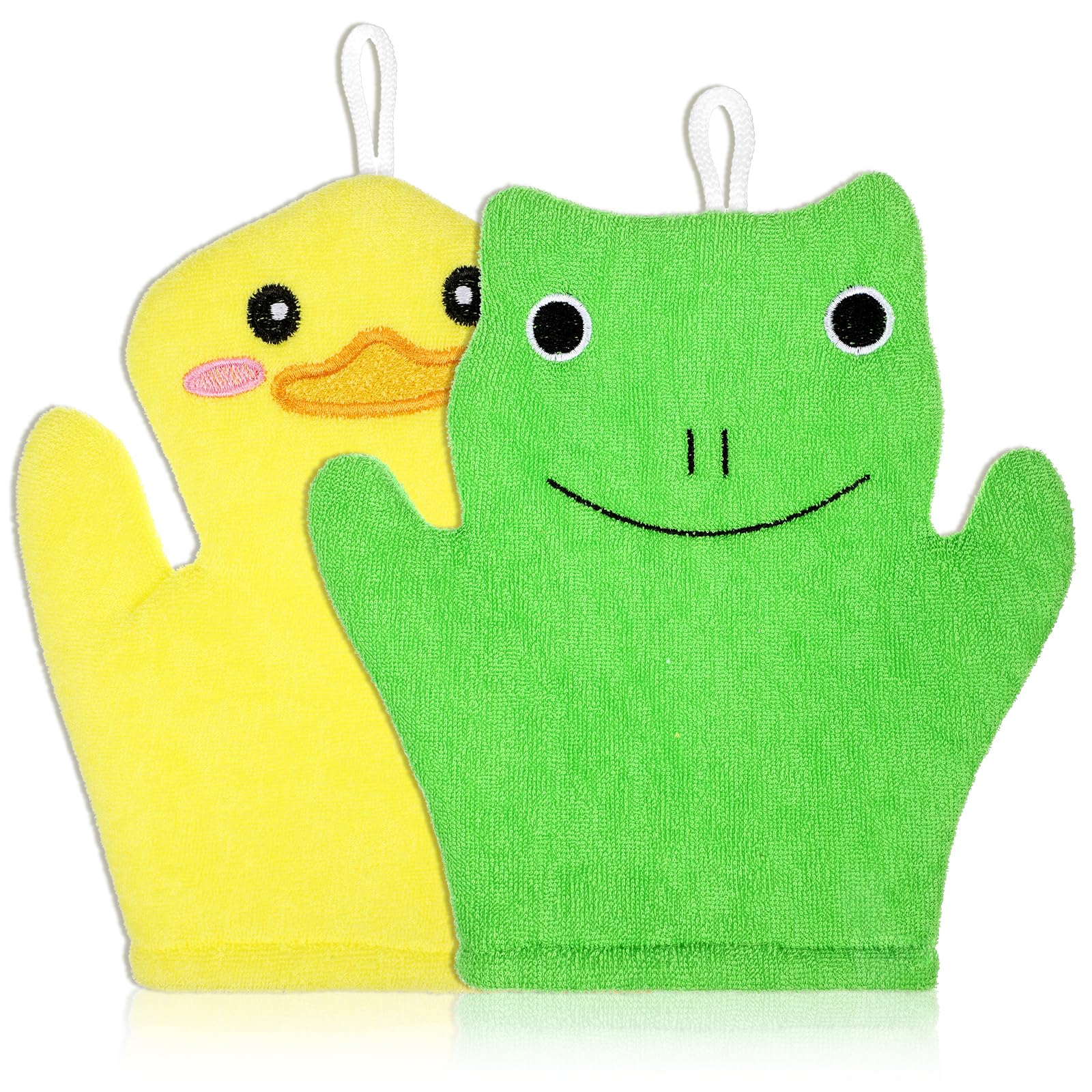 FNANJWQ 2 Stück Baby Waschhandschuhe, Mikrofaser Weiche Waschlappen für Kinder, Entworfen in Süßen Tiermotiven Gelbe Ente Frosch Sanfte Reinigung für Baby Mädchen Jungen Bad Dusche