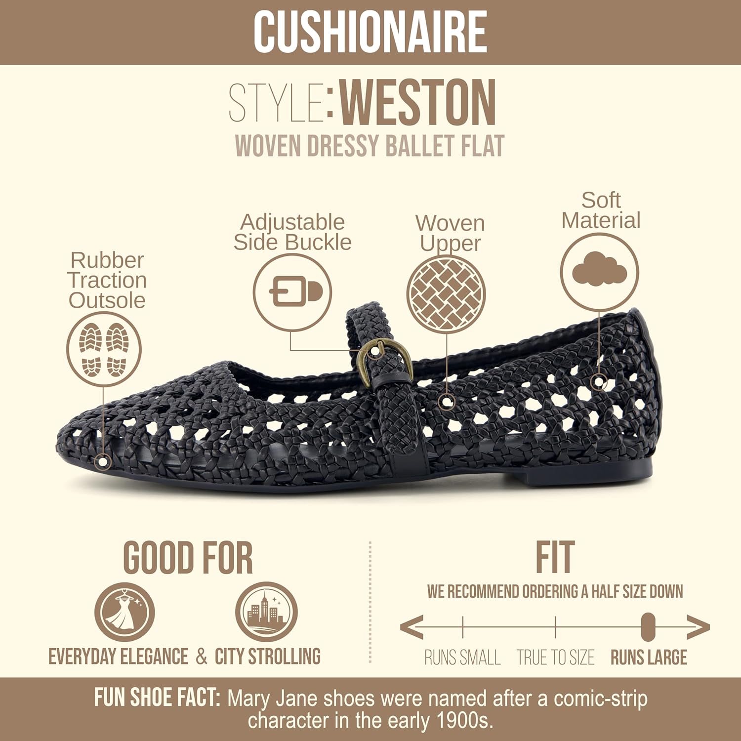 CUSHIONAIRE Weston Hand Woven Mary Jane Flats for Women, Comfortable Dressy Ballet Flats with Braided Adjustable Buckle and Memory Foam Cushioning - Image 4