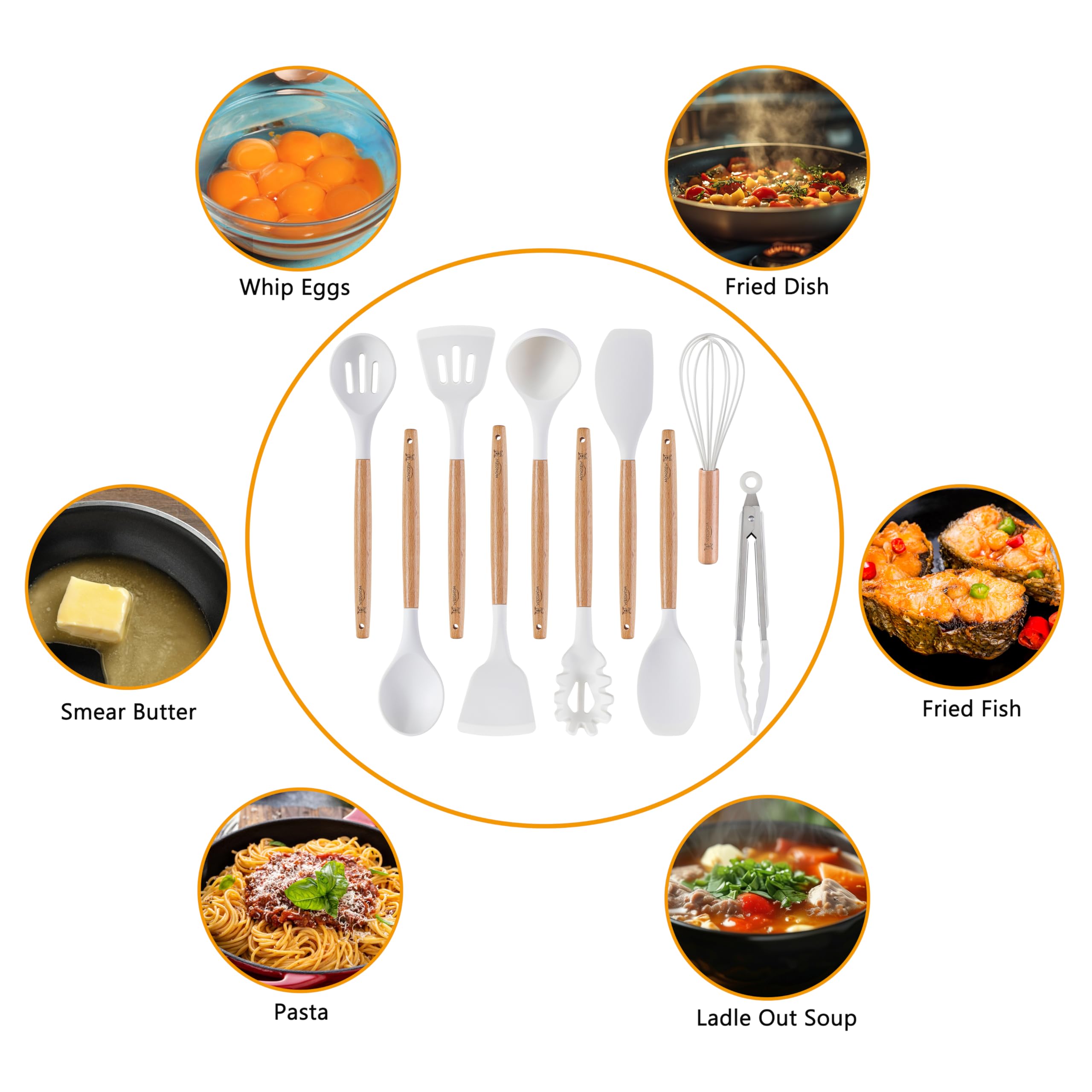 MONGSEW - Juego de utensilios de cocina de silicona, resistentes al calor, con mango de madera, espátula, cuchara, pinzas, batidor (blanco, patrón de perro sonriente)