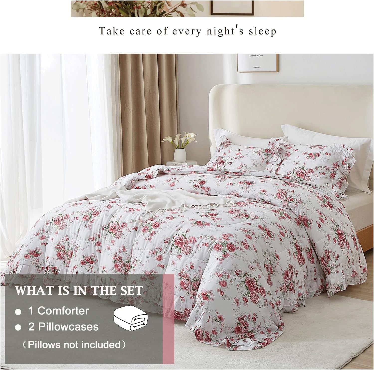 Rose Red Flower Comforter Set Queen Size Romantic Girls Lace Comforter Set Soft Microfiber Botanical Bedding Comforter Set 1 Floral Ruffled Comforter with 2 Pillowcases Lightweight Comfy - Image 4
