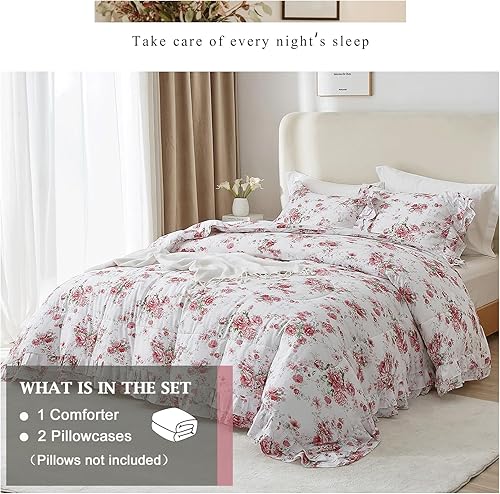 Miniatura 3 de VM VOUGEMARKET Juego de edredón con volantes, tamaño individual XL, edredón de flores rojas y rosas rojas, juego de ropa de cama romántica floral de